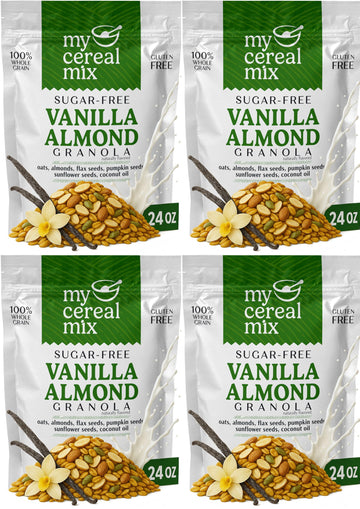 MyCerealMix Sugar Free Vanilla Almond Granola - 4 Pack (96oz Total) - Vegan, Gluten Free - Blood Sugar Friendly Breakfast - Natu