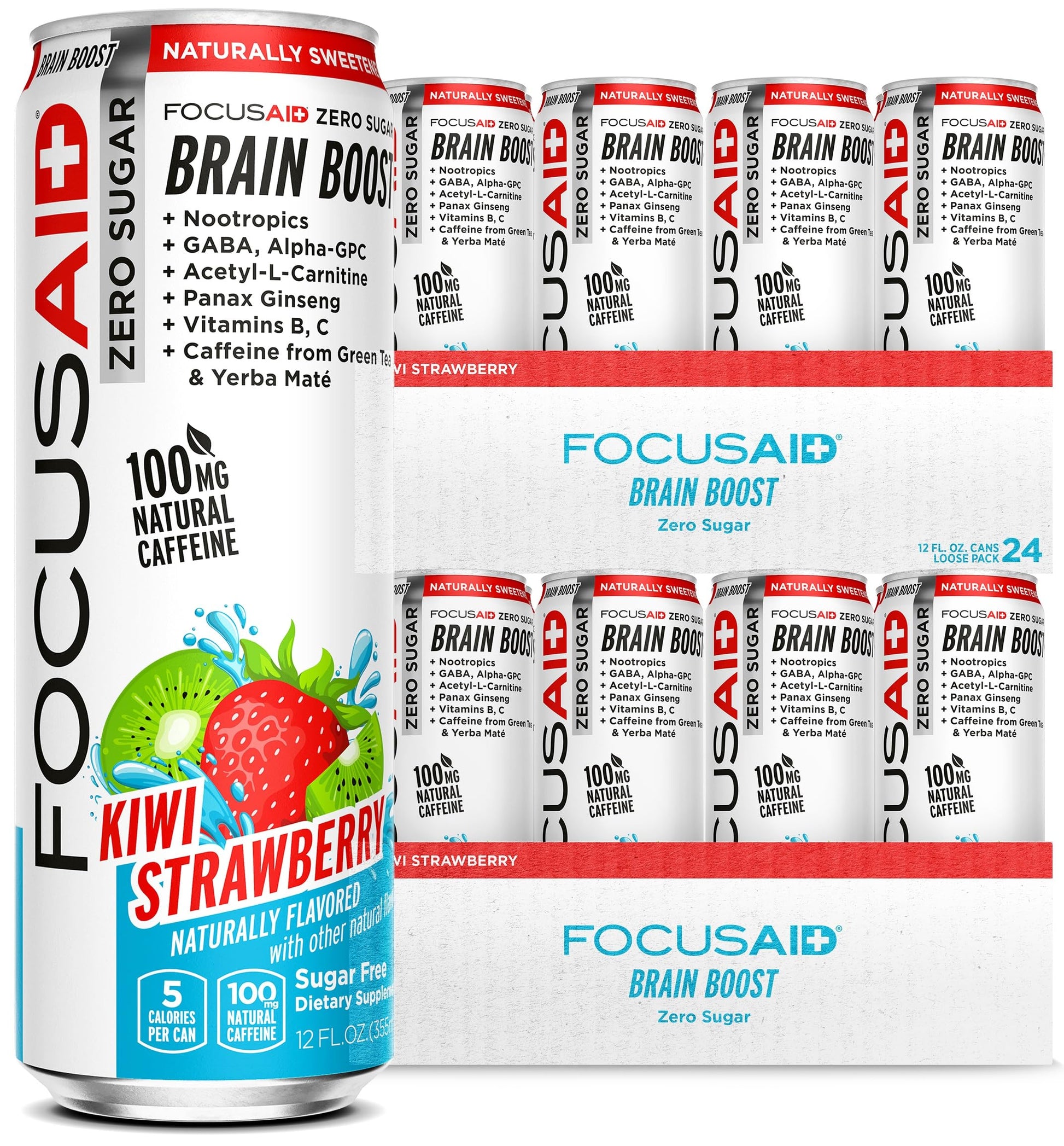Focusaid Zero Sugar Nootropics Blend, Alpha-Gpc, Gaba, 100Mg Natural Caffeine From Green Tea, Yerba Mate, Vitamin B-Complex, Keto-Friendly, No Artificial Sweeteners, 12 Fl Oz (Pack Of 24)
