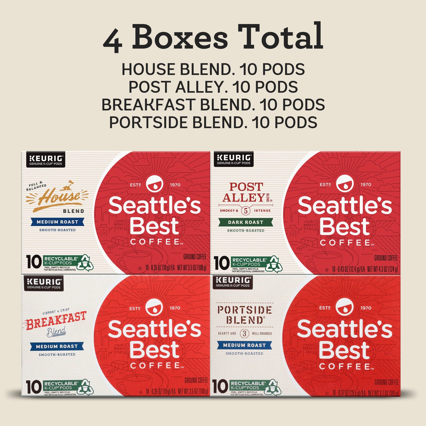 Seattles Best Coffee K-Cup Pods Variety Pack, Dark & Medium Roast, 40 Pods (4 Boxes), 100% Arabica, Compatible with Keurig malt-inspired
