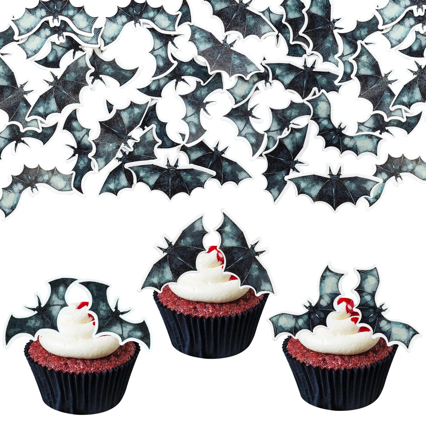 Gyufise 60Pcs Edible Halloween Bat Cupcake Toppers Edible Wafer Paper Bat Halloween Cupcake Picks For Baby Shower Kids Halloween