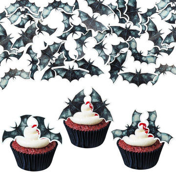 Gyufise 60Pcs Edible Halloween Bat Cupcake Toppers Edible Wafer Paper Bat Halloween Cupcake Picks For Baby Shower Kids Halloween