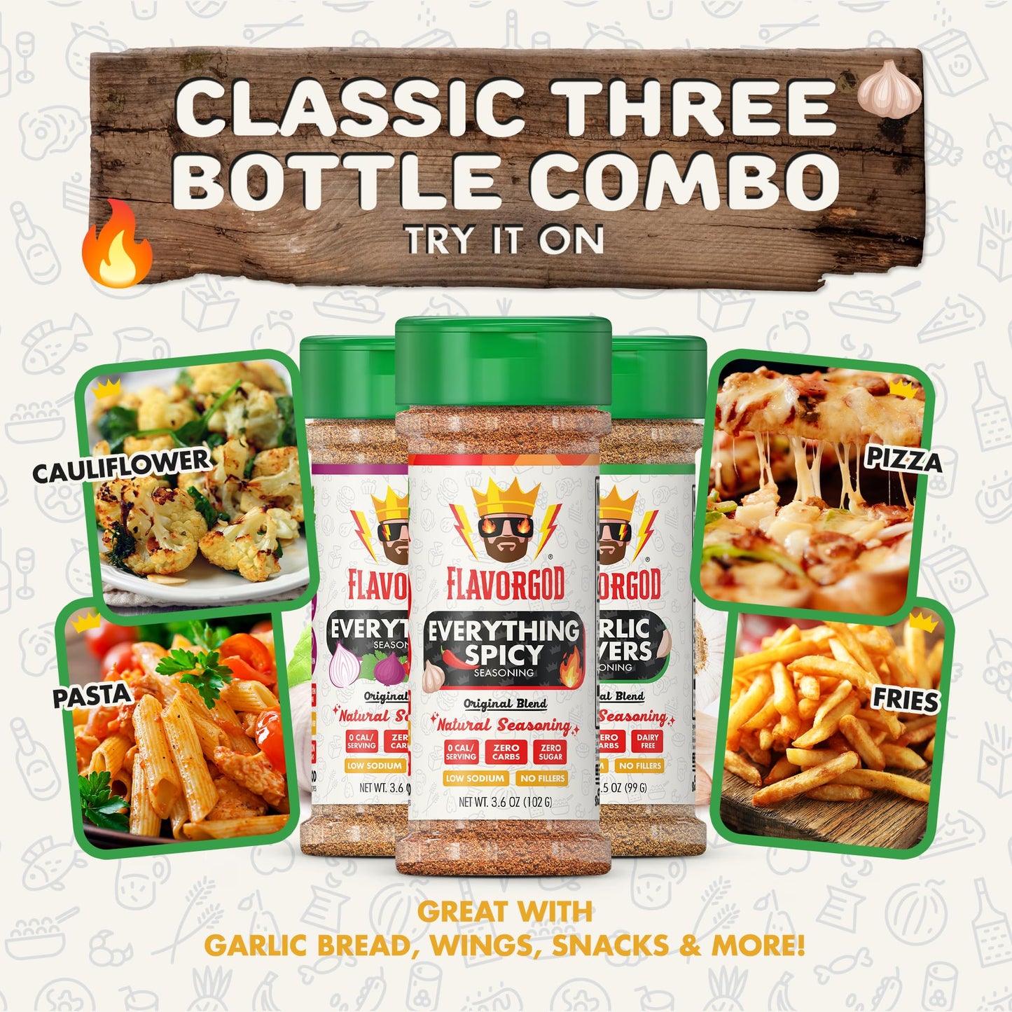 Flavor God Classic Combo Pack of 3 Herb, Spice & Seasoning Gift Set - Low Sodium, Natural Blends for Chicken, Beef, Seafood, and Vegetables