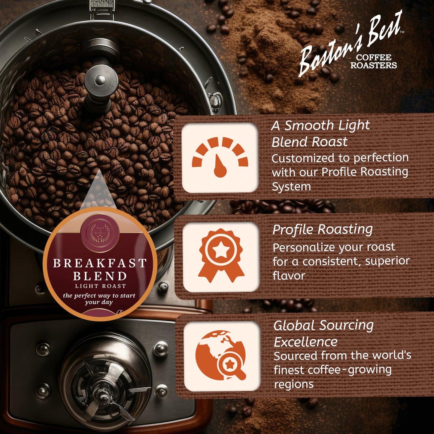 Bostons Best Coffee - Smooth Light-Roast Breakfast Blend Gourmet Coffee, Premium Ground Coffee, 11 Oz. / 311 G Coffee Bag