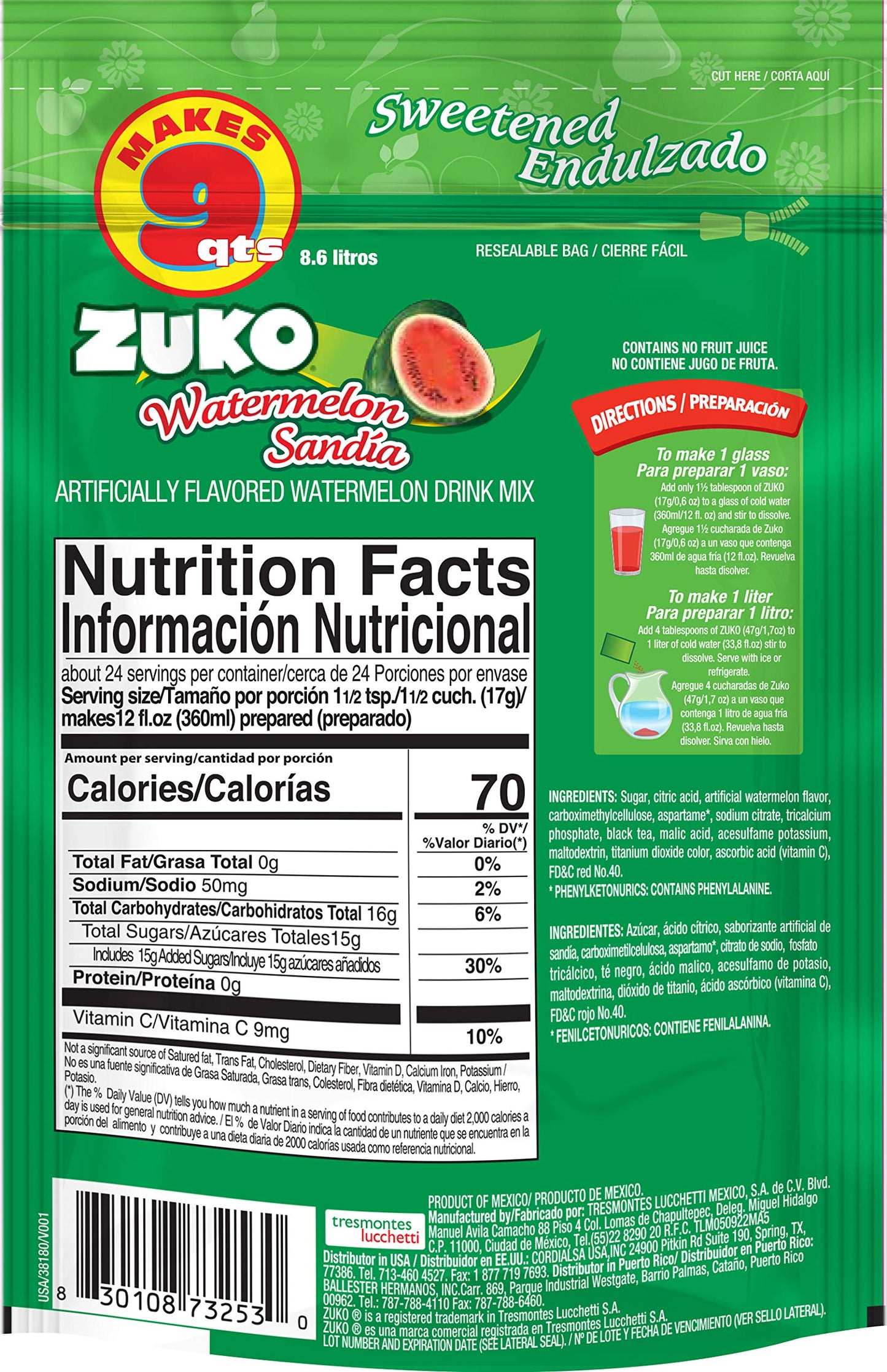 Zuko Watermelon Instant Powder Drink | Family Pack | No Sugar Needed | Vitamin C | 14.1 Ounce (Pack of 6)
