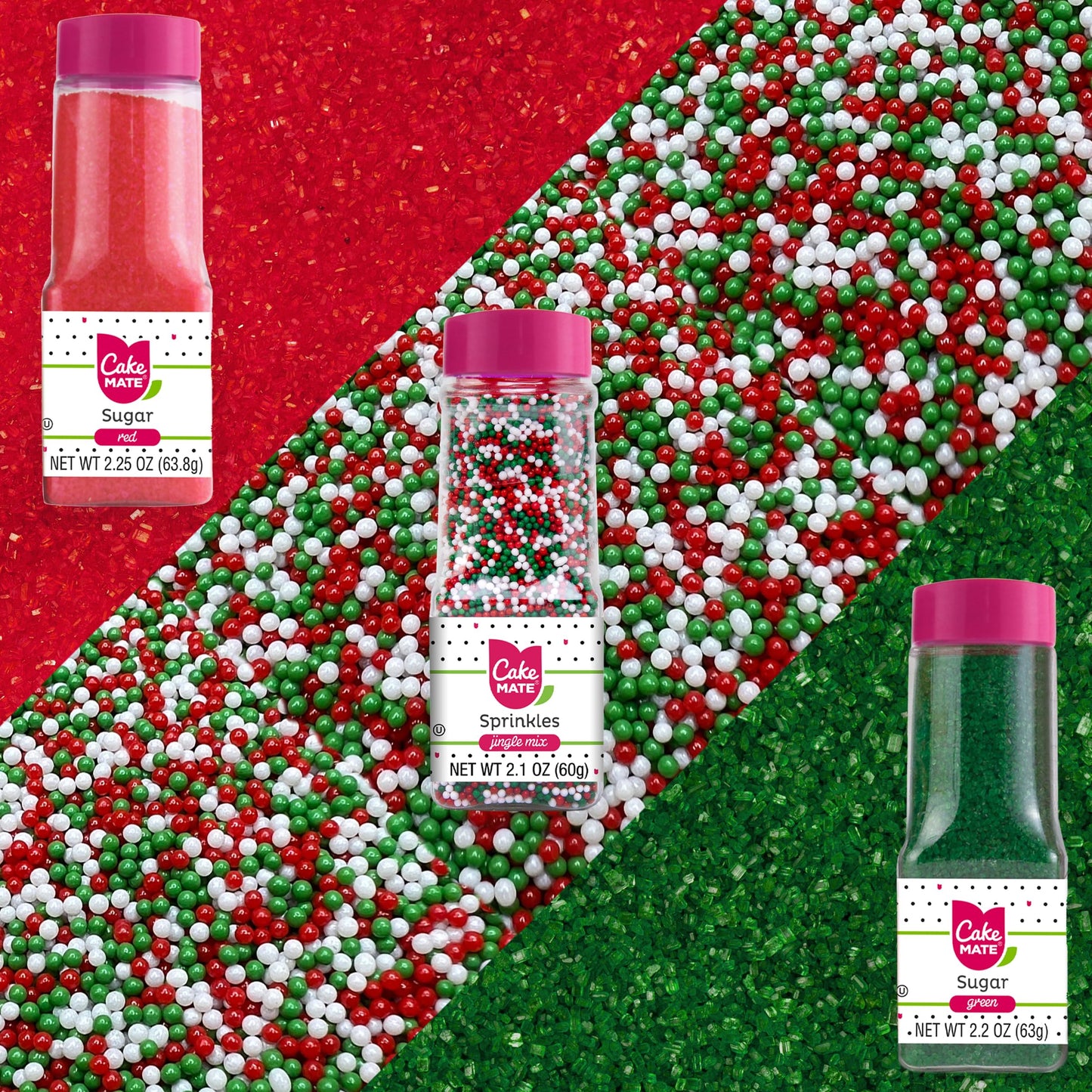 Cake Mate Christmas Decorating Kit - Red & Green Sugar, Cookie Icing Pouches, Jingle Mix Non Pareil - Holiday Baking Essentials