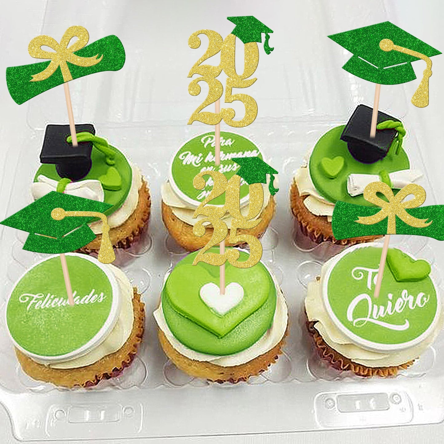 ZHUOWEISM 24 PCS Graduation Cupcake Toppers Glitter Diploma Grad Cap Decorations Gold Green