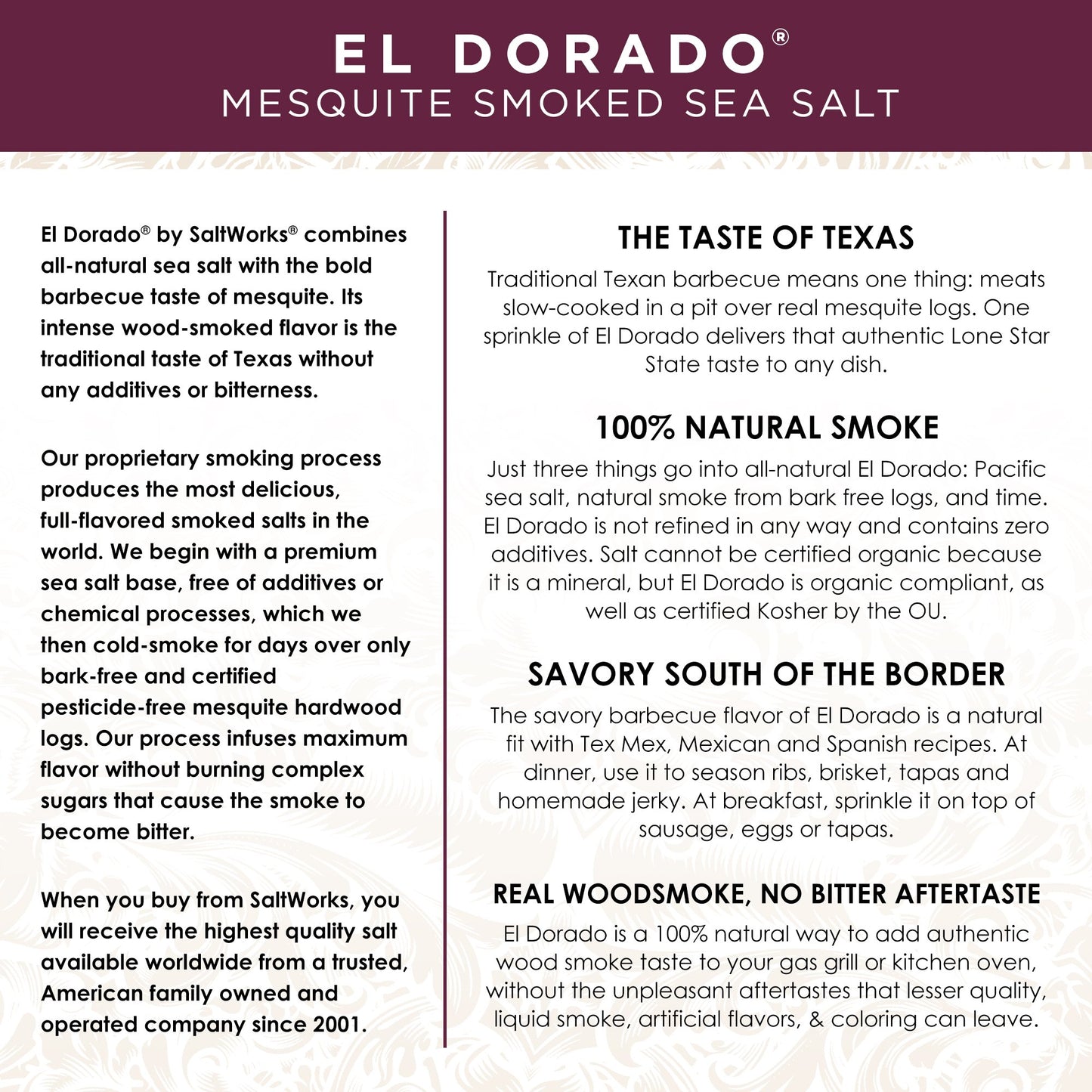 SaltWorks Artisan El Dorado Mesquite Smoked Sea Salt, 4 Ounce Zip-Top Pouch, Light to Medium Brown Crystals