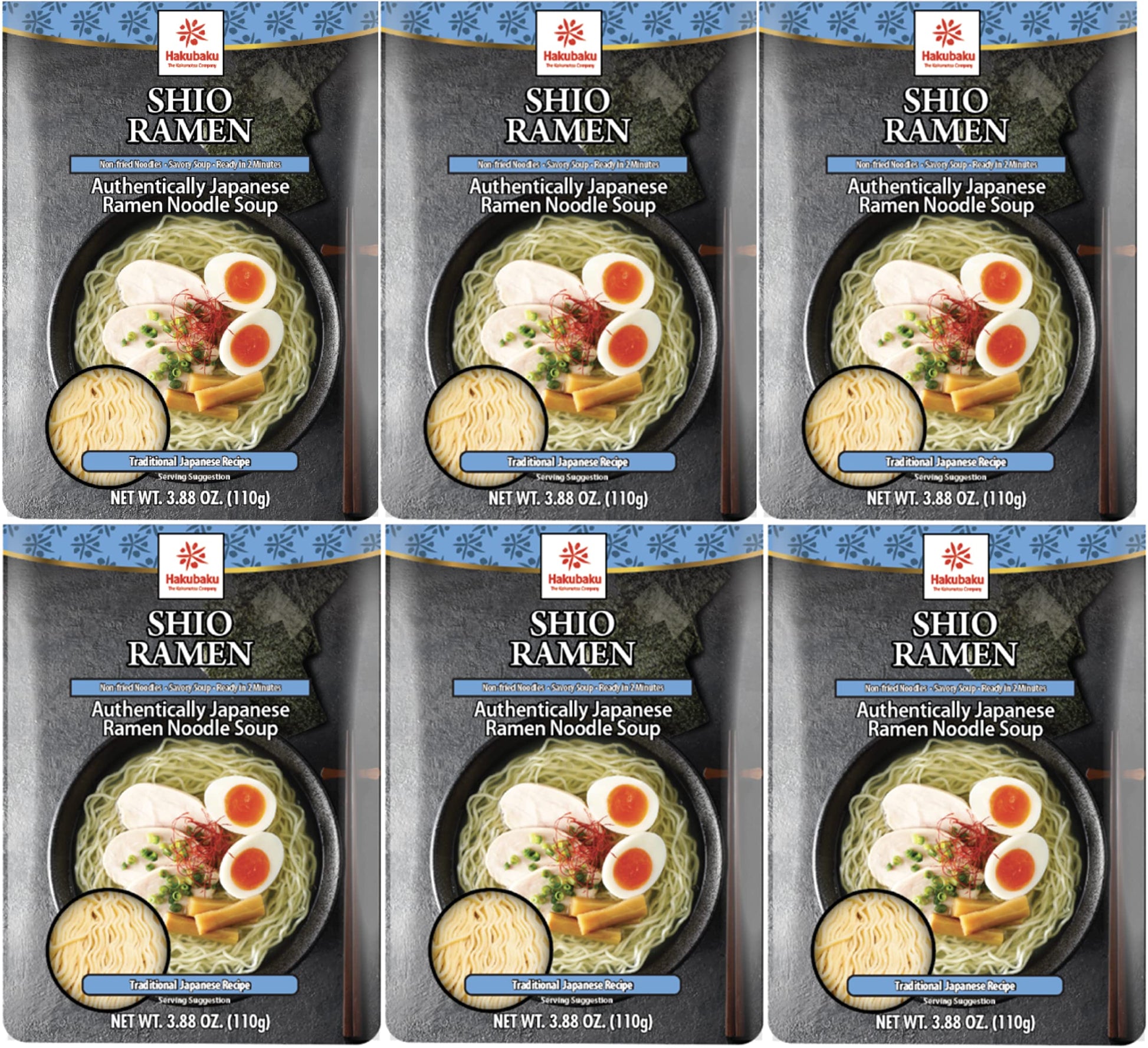 Hakubaku Japanese Ramen Noodle Soup, SHIO, 3.88oz (Pack of 6), Authentic Japanese ramen non-fried & soft noodles, shelf-stable. 