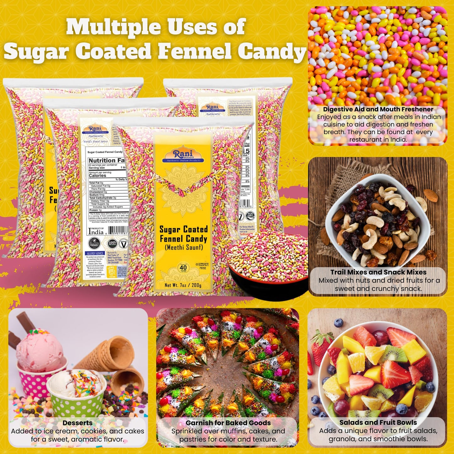 Rani Sugar Coated Fennel Candy 7oz 200g (Pack of 4, 28oz/800g total) ~ Indian After Meal Digestive Treat | Vegan | Gluten Friend