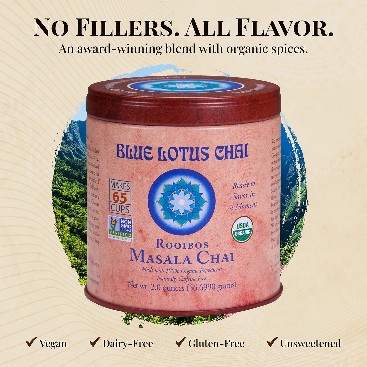 Blue Lotus Chai - Rooibos Flavor Masala Chai - Makes 65 Cups - 2 Ounce Masala Spiced Chai Powder With Organic Spices - Instant I