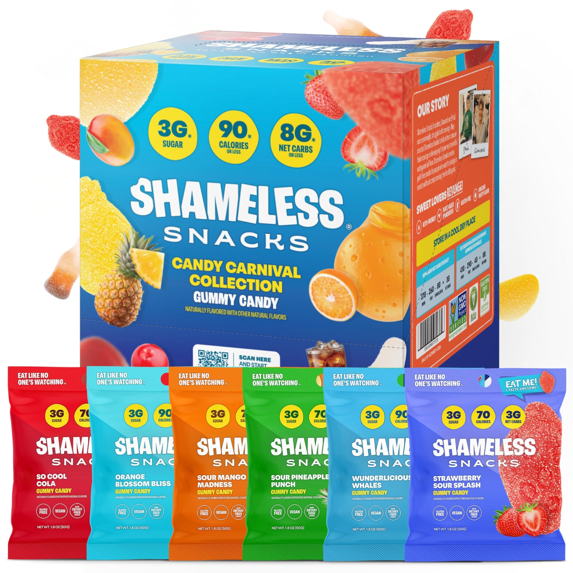 Shameless Snacks Candy Carnival - Healthy Low Sugar Snacks with Pineapple, Mango, Orange, Strawberry & Cola Gummies - Vegan, Glu