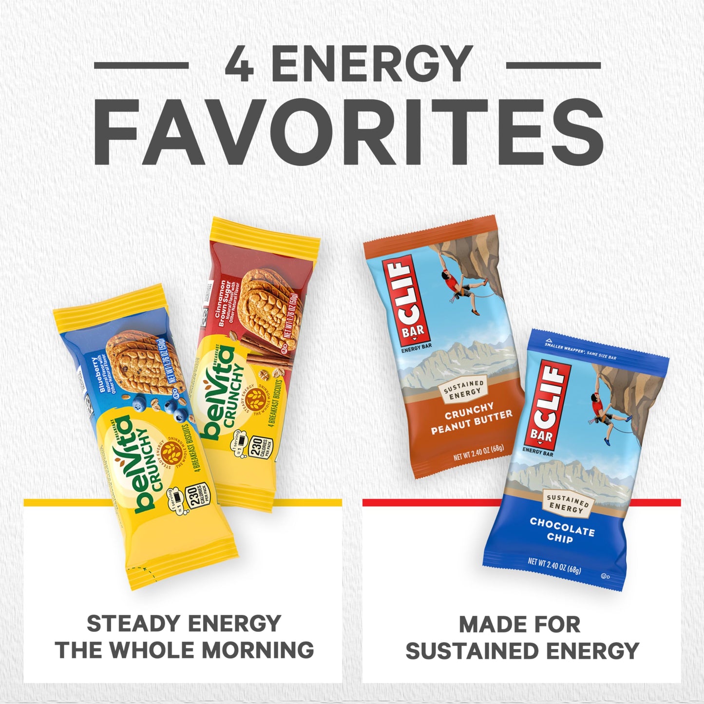 Clif Bar Energy Bars And Belvita Breakfast Biscuits Variety Pack, 4 Flavors, 30 Count