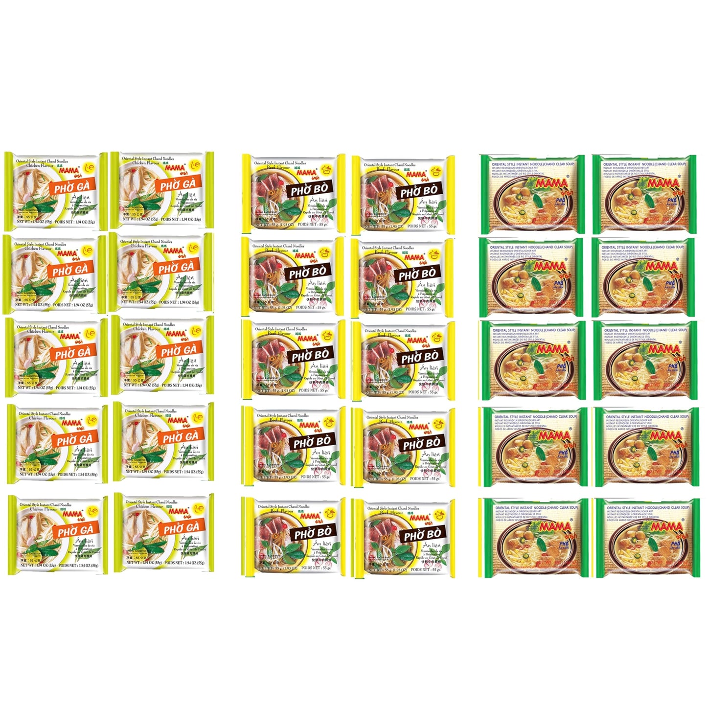 Mama Oriental Style instant noodles Mix Flavor Bundle Package Total 30 Packs (3 Flavor Pho Noodle Mix Pho Ga Chicken Flavor, Pho