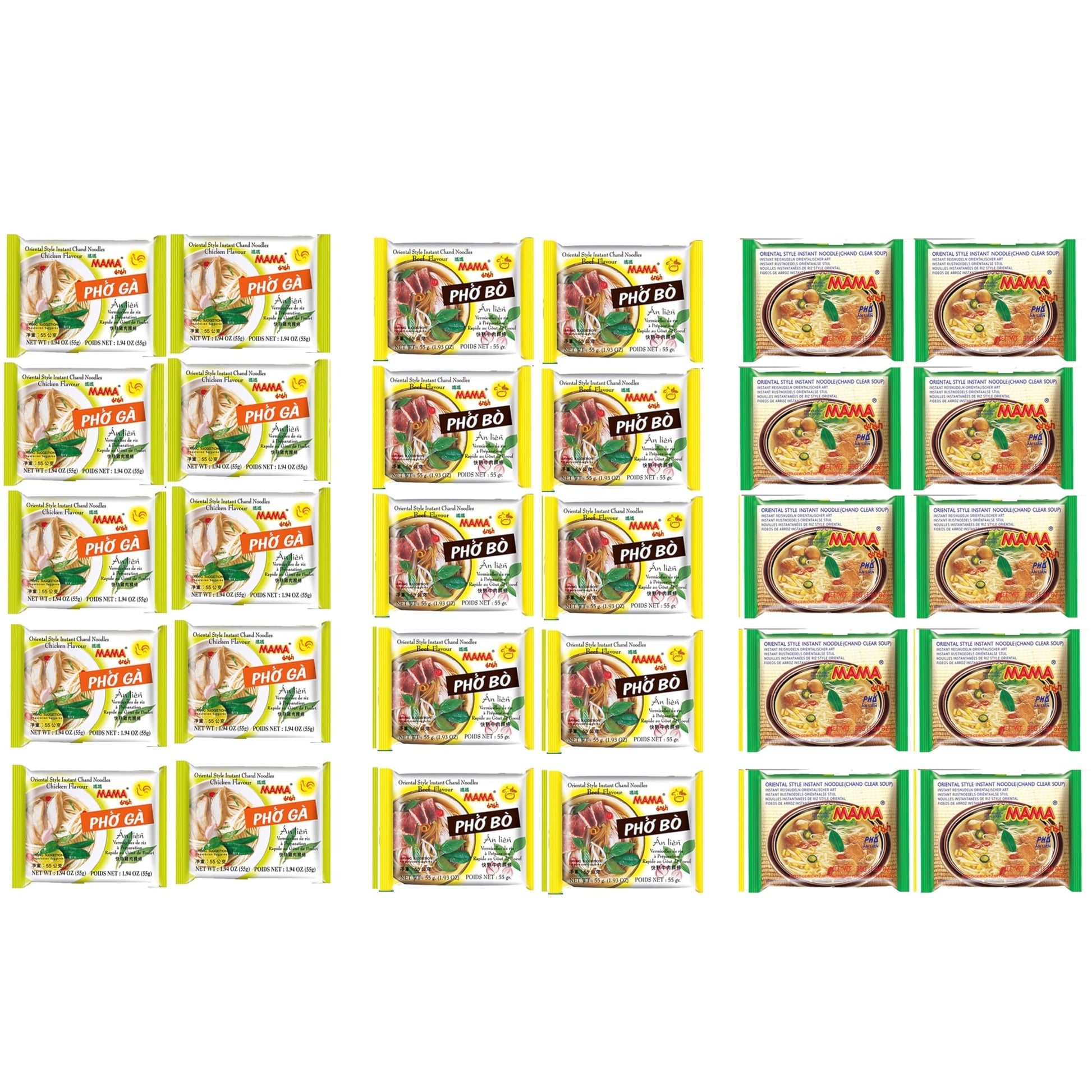 Mama Oriental Style instant noodles Mix Flavor Bundle Package Total 30 Packs (3 Flavor Pho Noodle Mix Pho Ga Chicken Flavor, Pho