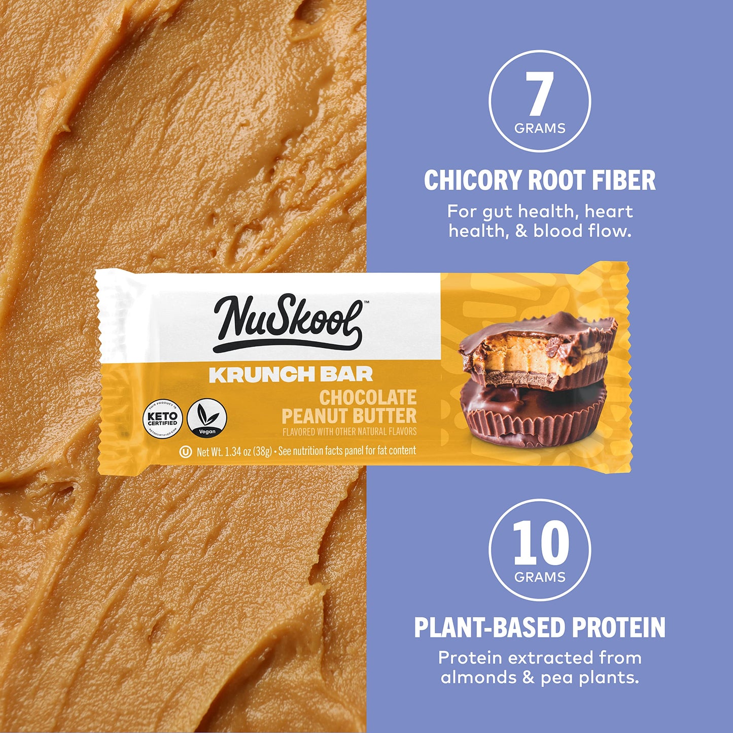 NuSkool Snacks Chocolate Peanut Butter Keto Friendly Protein Krunch Bars (12 Pack) - 7g Fiber, 10g Clean Plant-Based Protein, 3g