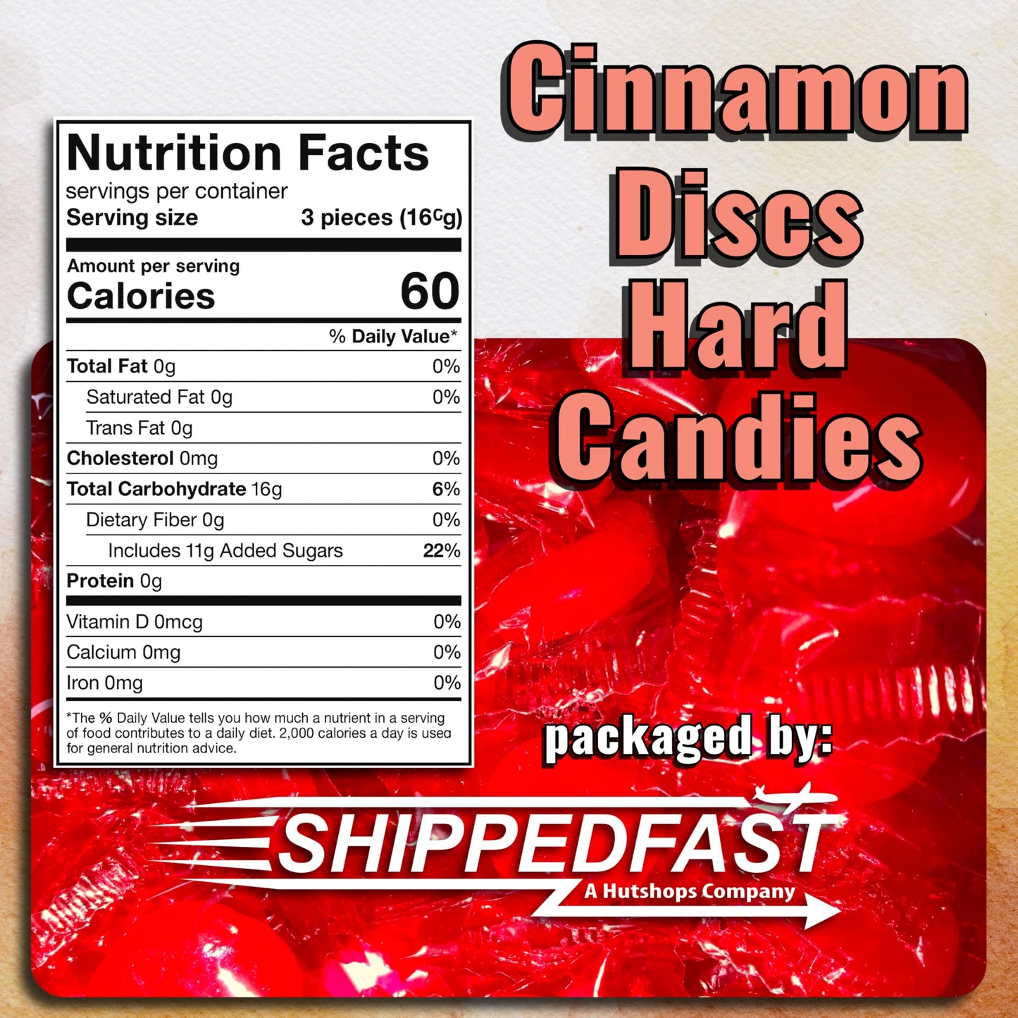 Shippedfast Cinnamon Discs Hard Candies - Individually Wrapped Red Cinnamon Candy Disks, 3 Pound Bag