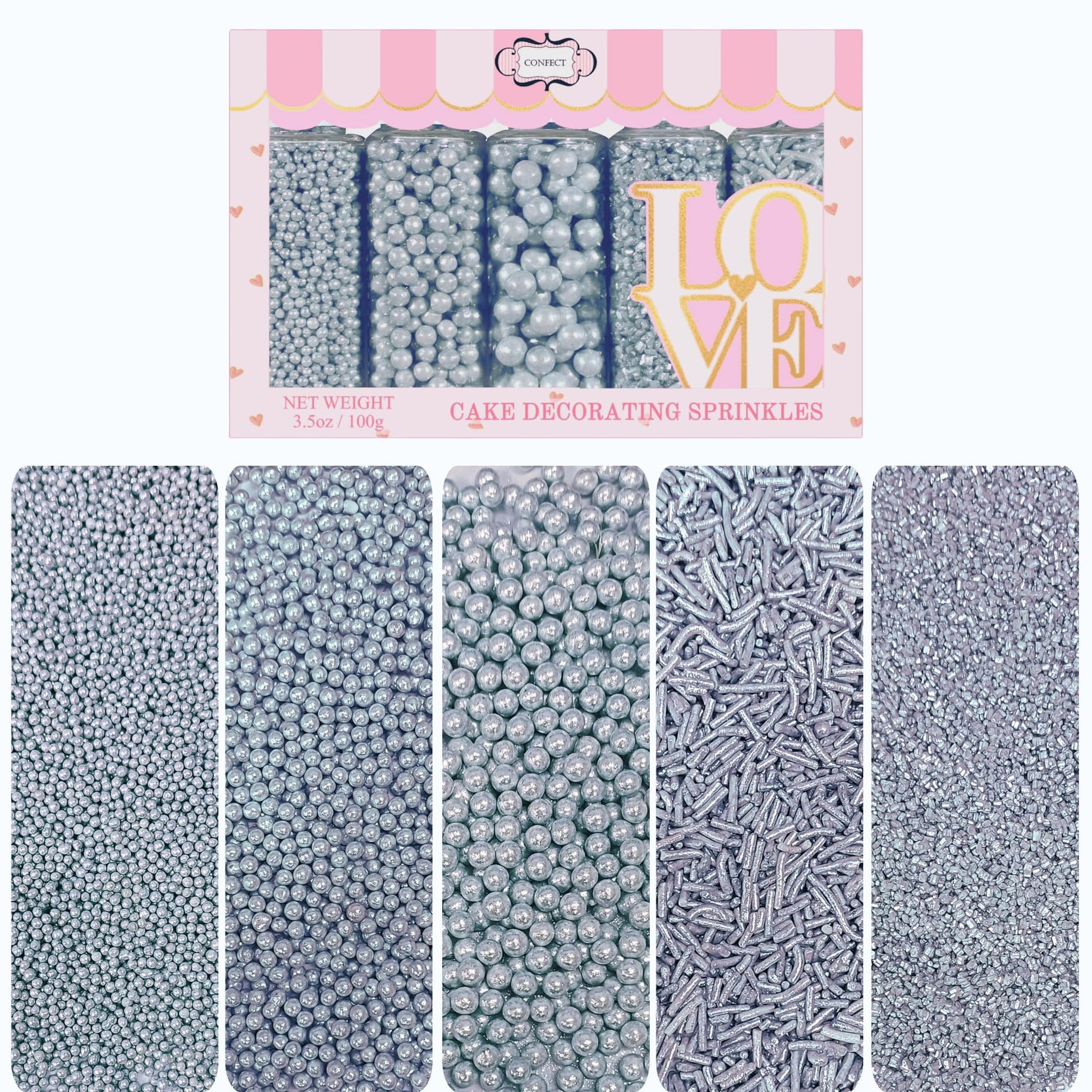Confect Silver Pearl Sprinkles for Cakes & Cupcakes, Assorted 5 Pack, 3.5 Oz, Metallic Shine Silver