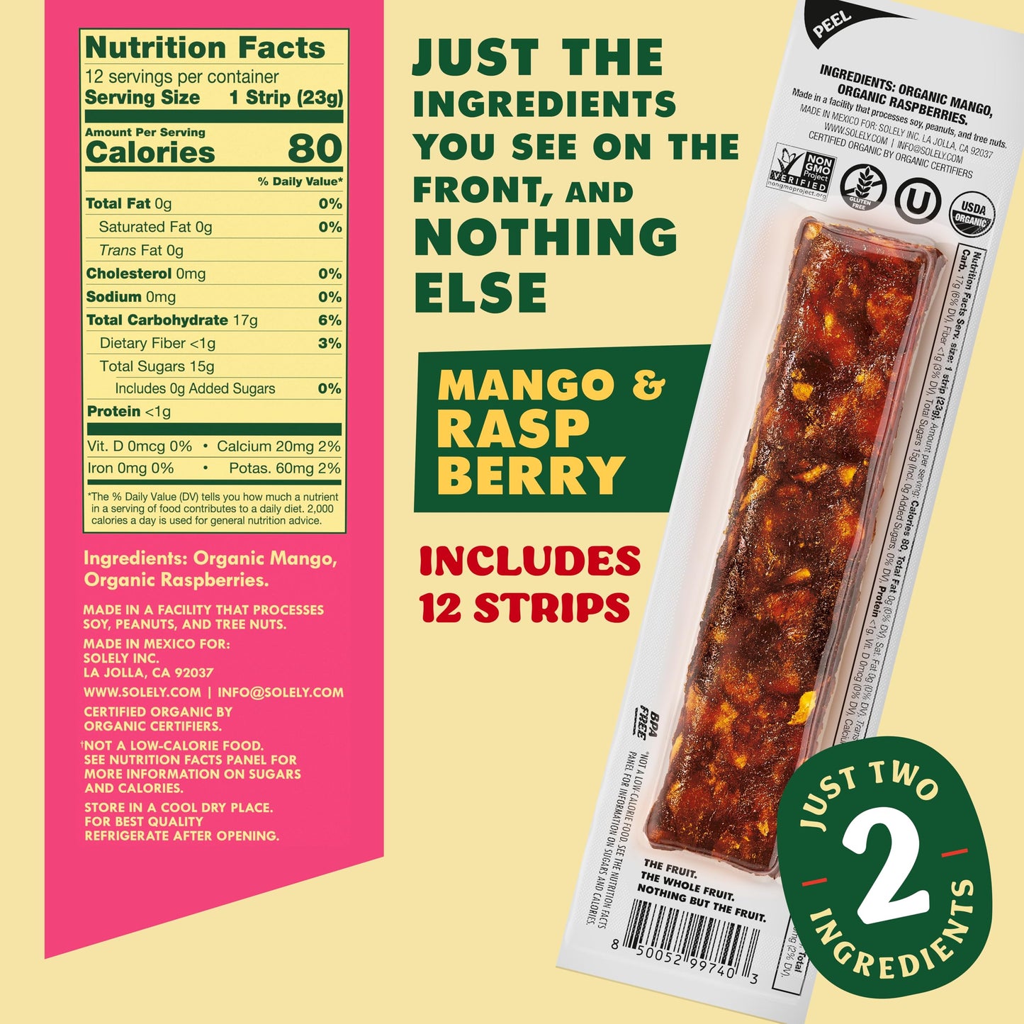 SOLELY - Organic Mango Raspberry Fruit Jerky - 12 Individually Wrapped Fruit Strips - Fruit Leather - Healthy Snacks for Adults