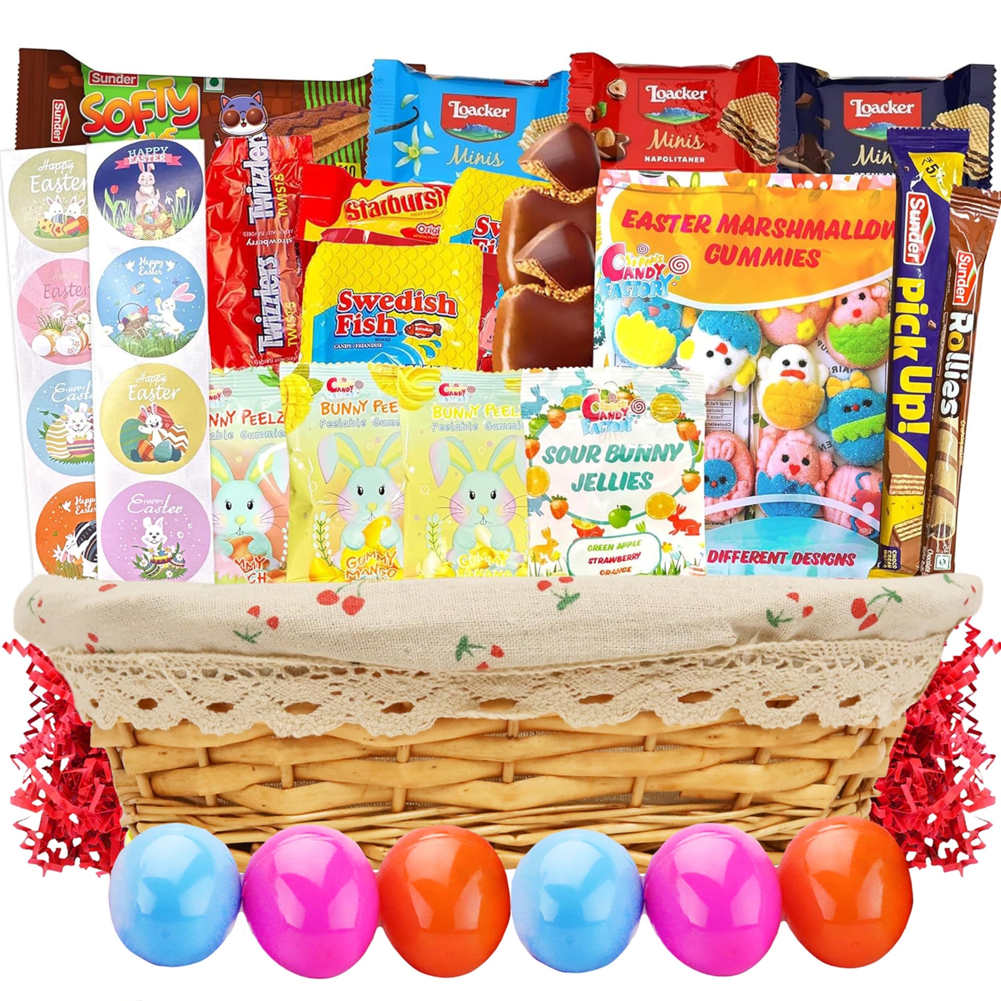 Easter Snack Basket with Liner (50 Count) Filled with Treats, Candy, Peelable Gummies, Marshmallow Gummies, Bunny and More, Grea