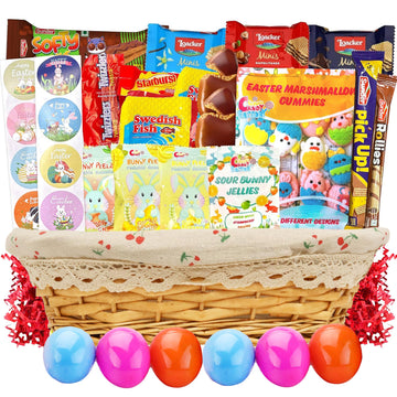 Easter Snack Basket with Liner (50 Count) Filled with Treats, Candy, Peelable Gummies, Marshmallow Gummies, Bunny and More, Grea