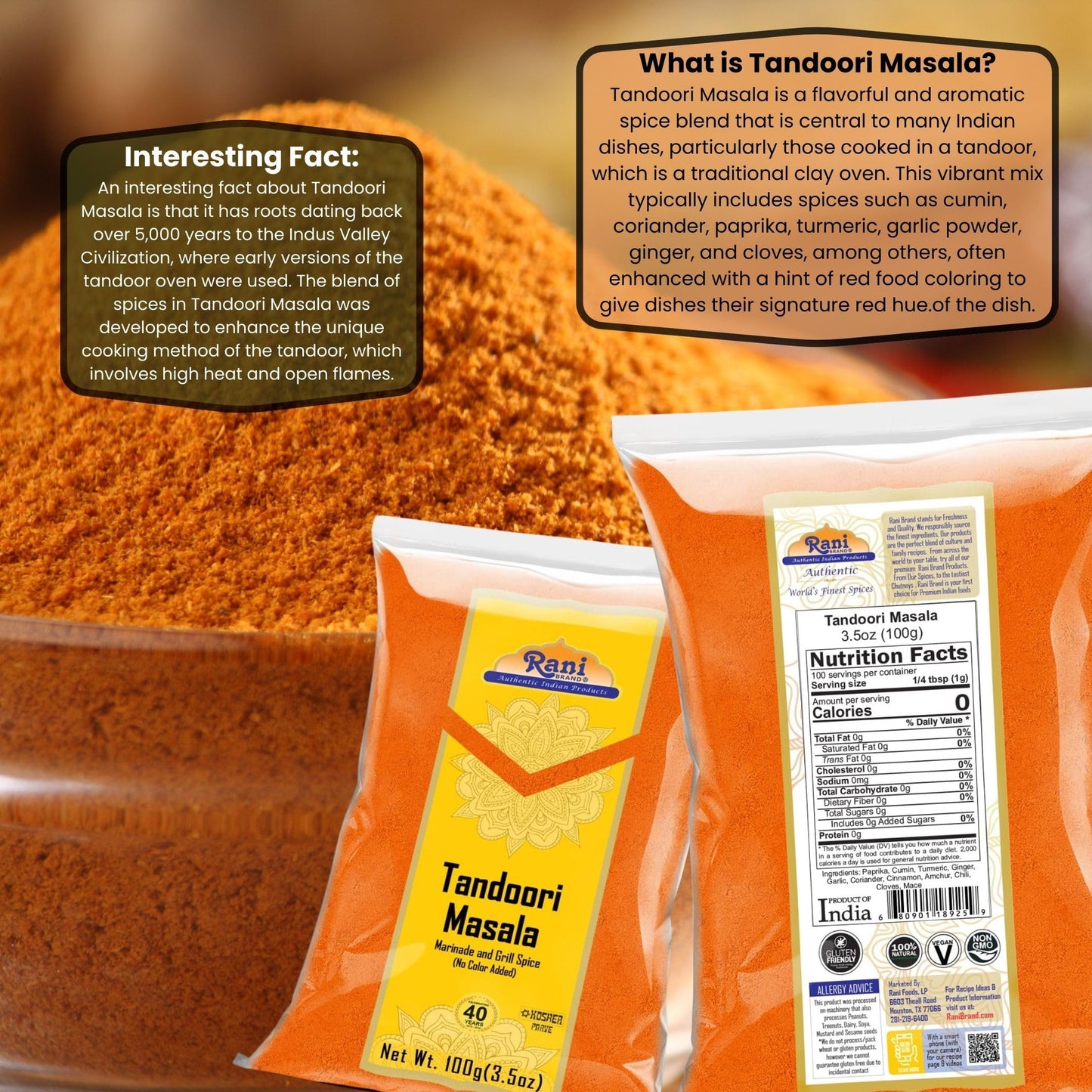 Rani Tandoori Masala 11-Spice Blend, Salt Free, Vegan, Gluten Friendly, 3.5oz (100g) - Natural, No Colors Added, Indian Origin