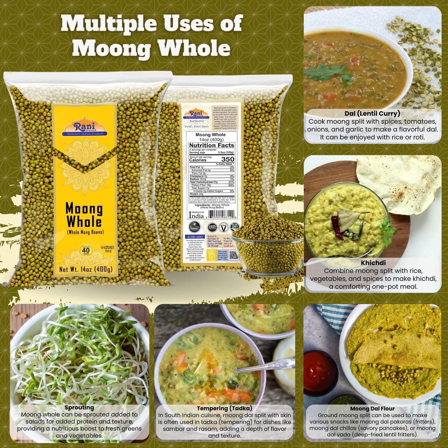 Rani Moong Whole Mung Beans - All Natural, Gluten Friendly, Non-GMO, Vegan, 14oz (400g)