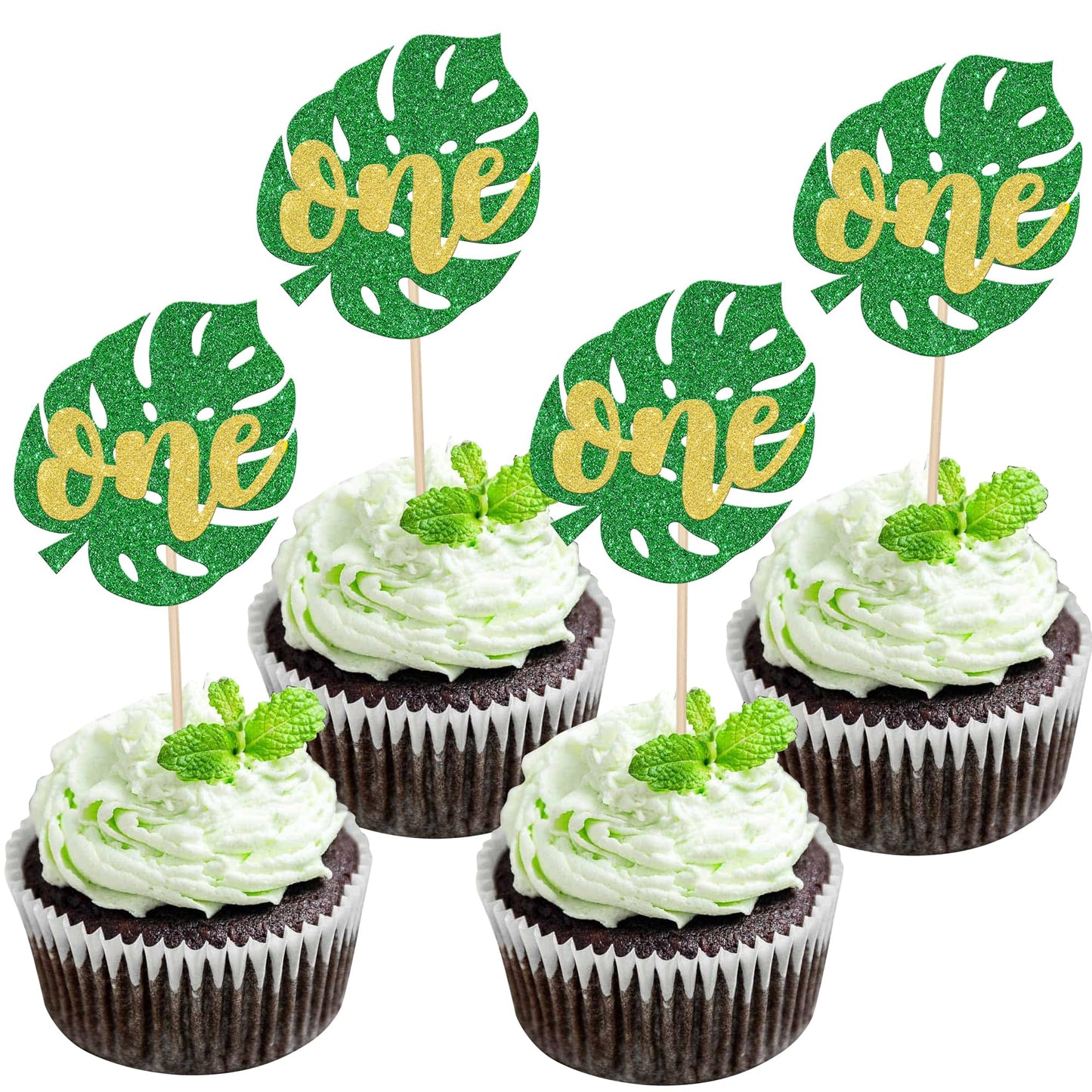 ZHUOWEISM 24 PCS Cupcake Toppers Glitter Monstera Leaf Party Decorations, Small, Multi-Color, Paper