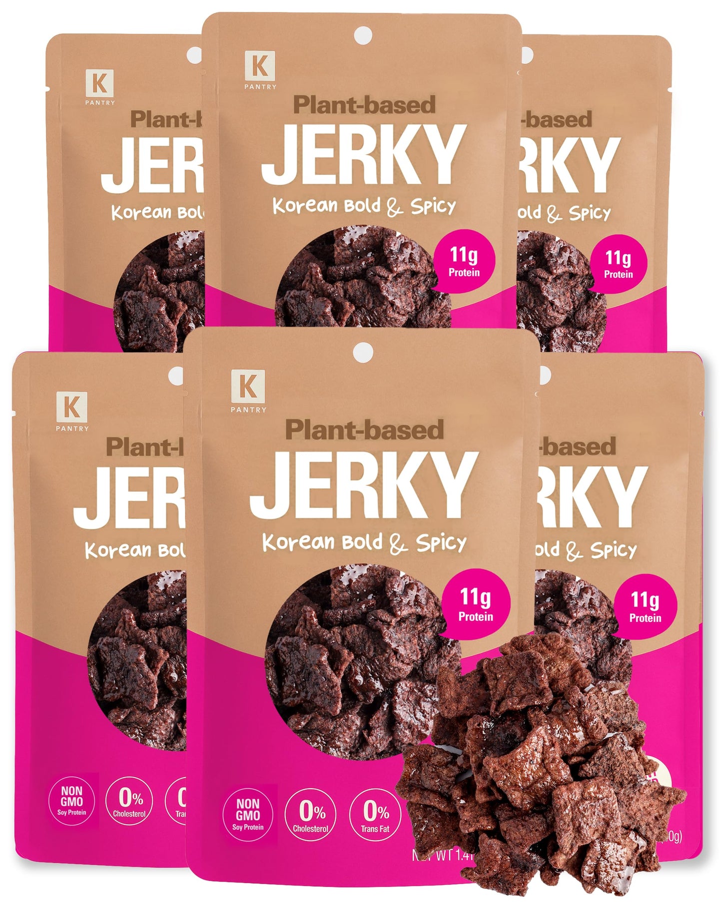 KPANTRY Korean Vegan Jerky, Bold & Spicy Chili Peppers & Garlic, 1.35oz (Pack of 6), Plant-Based, Non-GMO, Low-Fat Snack