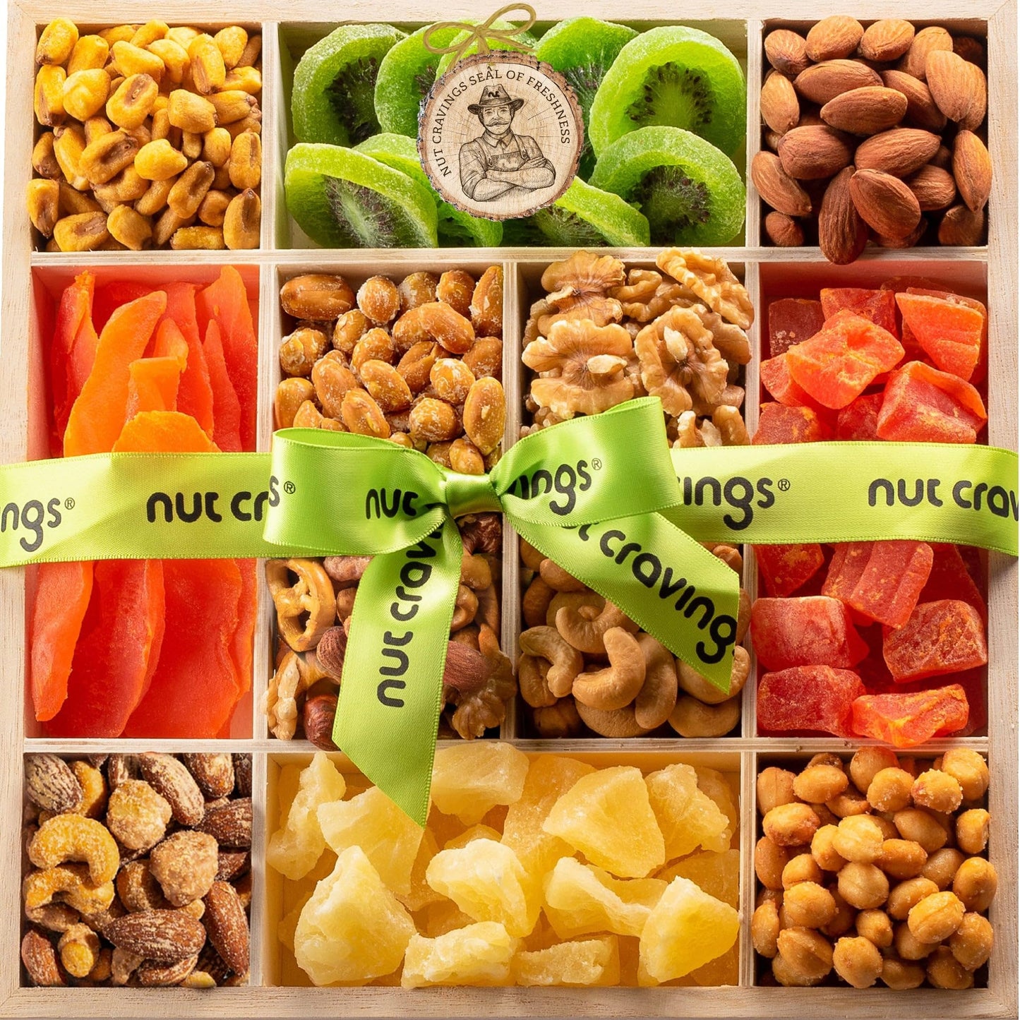 NUT CRAVINGS - Holiday Xmas Christmas Dried Fruit & Mixed Nuts Gift Basket in Reusable Wooden Tray + Ribbon (12 Assortments) Food Arrangement  Healthy Snack Care Package 