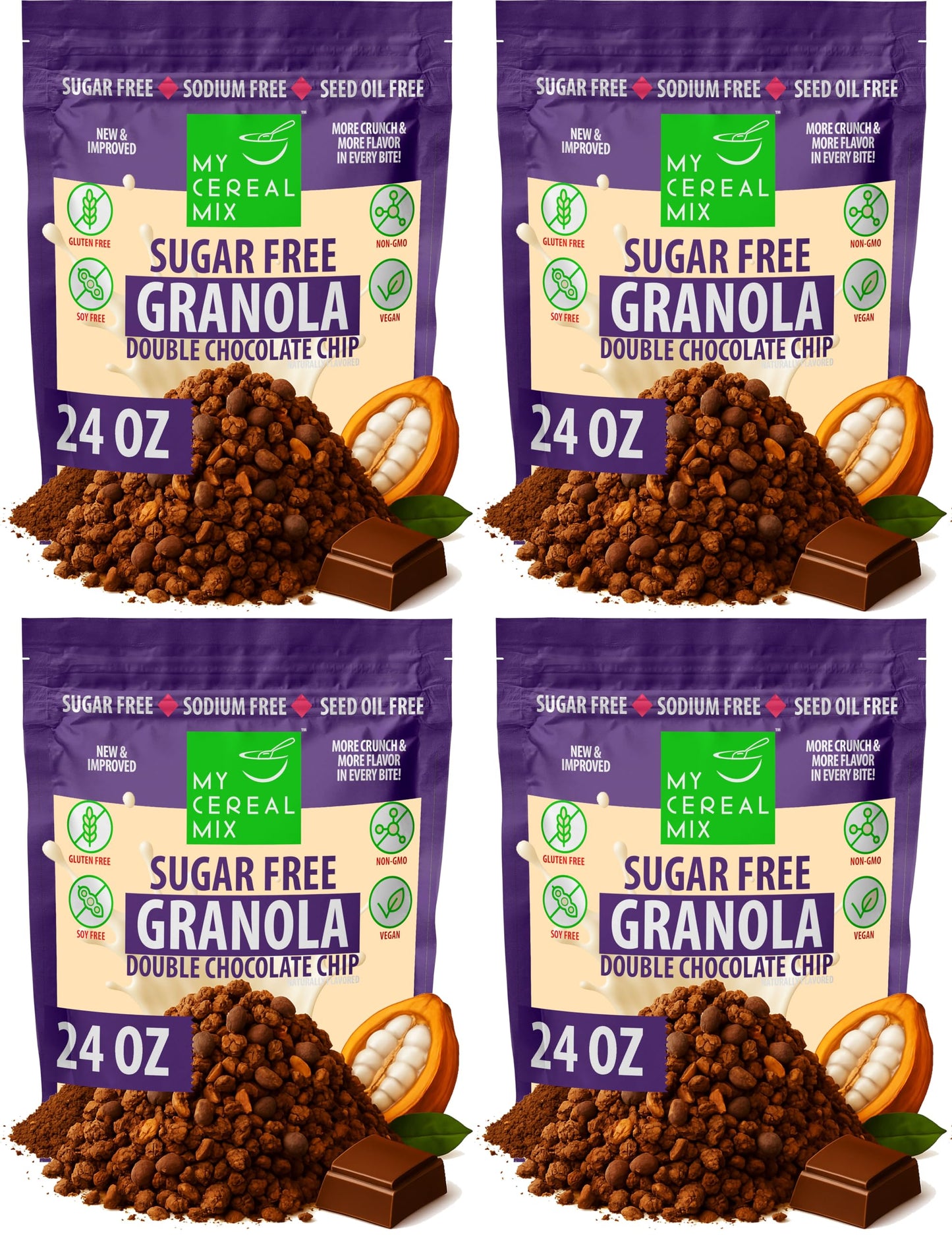 MyCerealMix Sugar Free Double Chocolate Chip Granola - 4 Pack (96oz Total) - Vegan, Gluten Free - Blood Sugar Friendly Breakfast