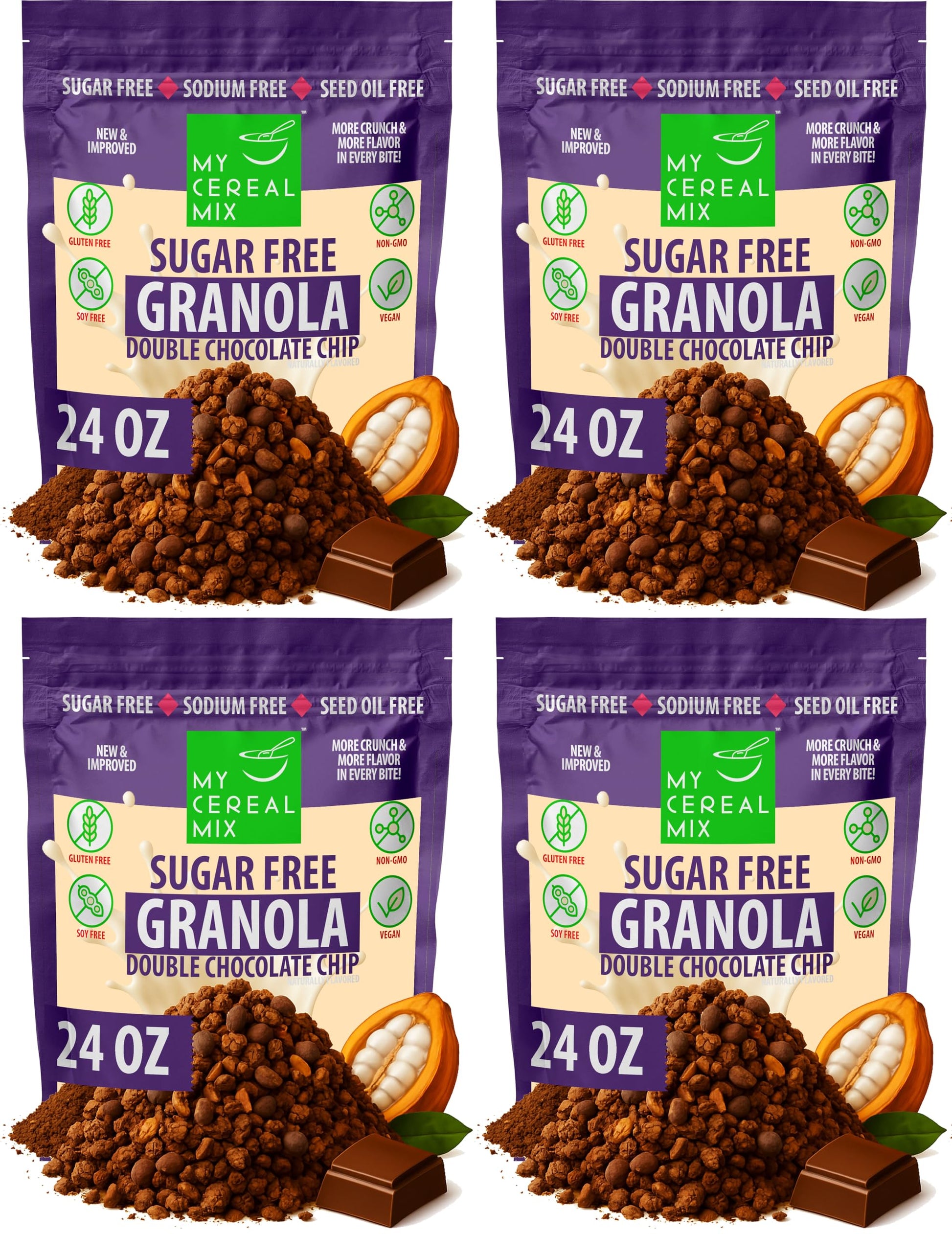 MyCerealMix Sugar Free Double Chocolate Chip Granola - 4 Pack (96oz Total) - Vegan, Gluten Free - Blood Sugar Friendly Breakfast