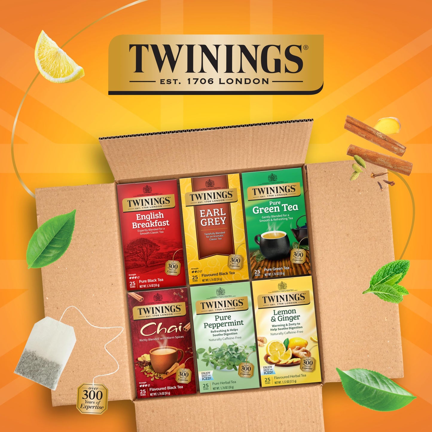 Twinings Variety Pack Tea Bags, English Breakfast, Earl Grey, Lemon Ginger, Peppermint, Green & Chai, 25 Count (Pack of 6)