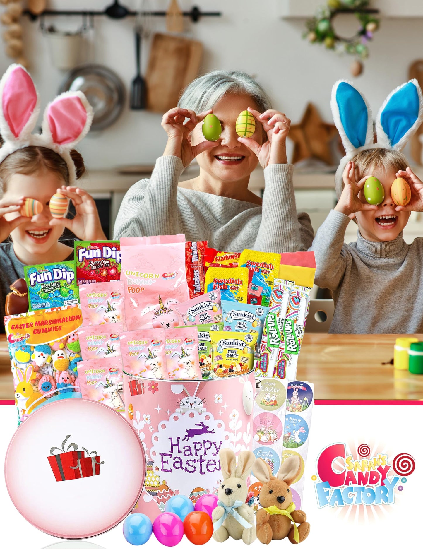 Easter Snack Pink Tin Basket (60 Count) Filled With Candy With Bunny, Great Package For Family, Friends, Kids, Boys And Girls