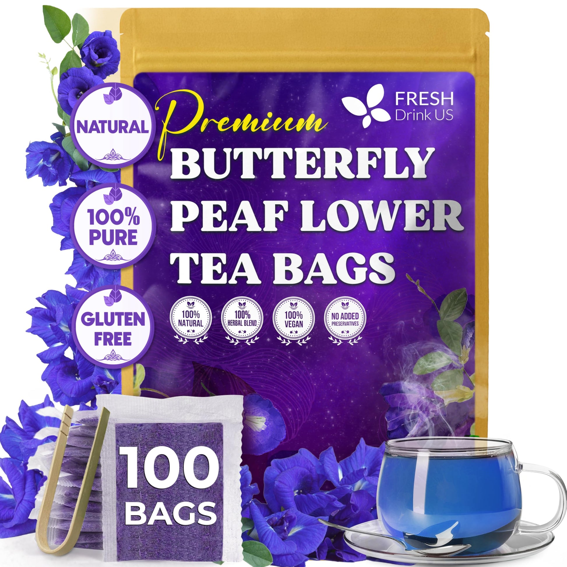 FRESHDRINKUS Butterfly Pea Flower Tea Bags, Caffeine-Free Herbal Tea, 100 Bags, Blue/Purple