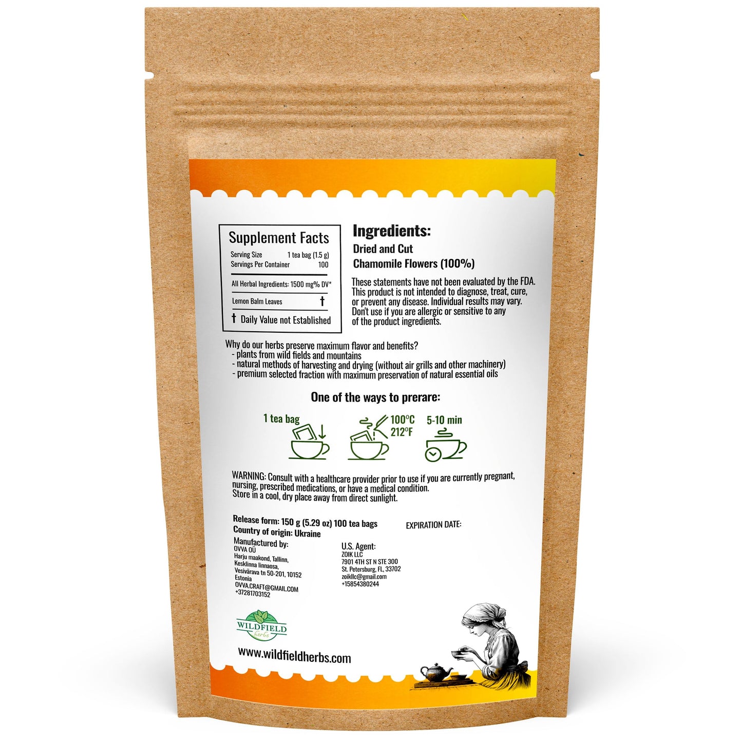 100 Bags Chamomile Tea Loose Leaf Dried Chamomile Flowers Manzanilla Tea (Matricaria Chamomilla) - 100 Count 1.5G Bags Flores De