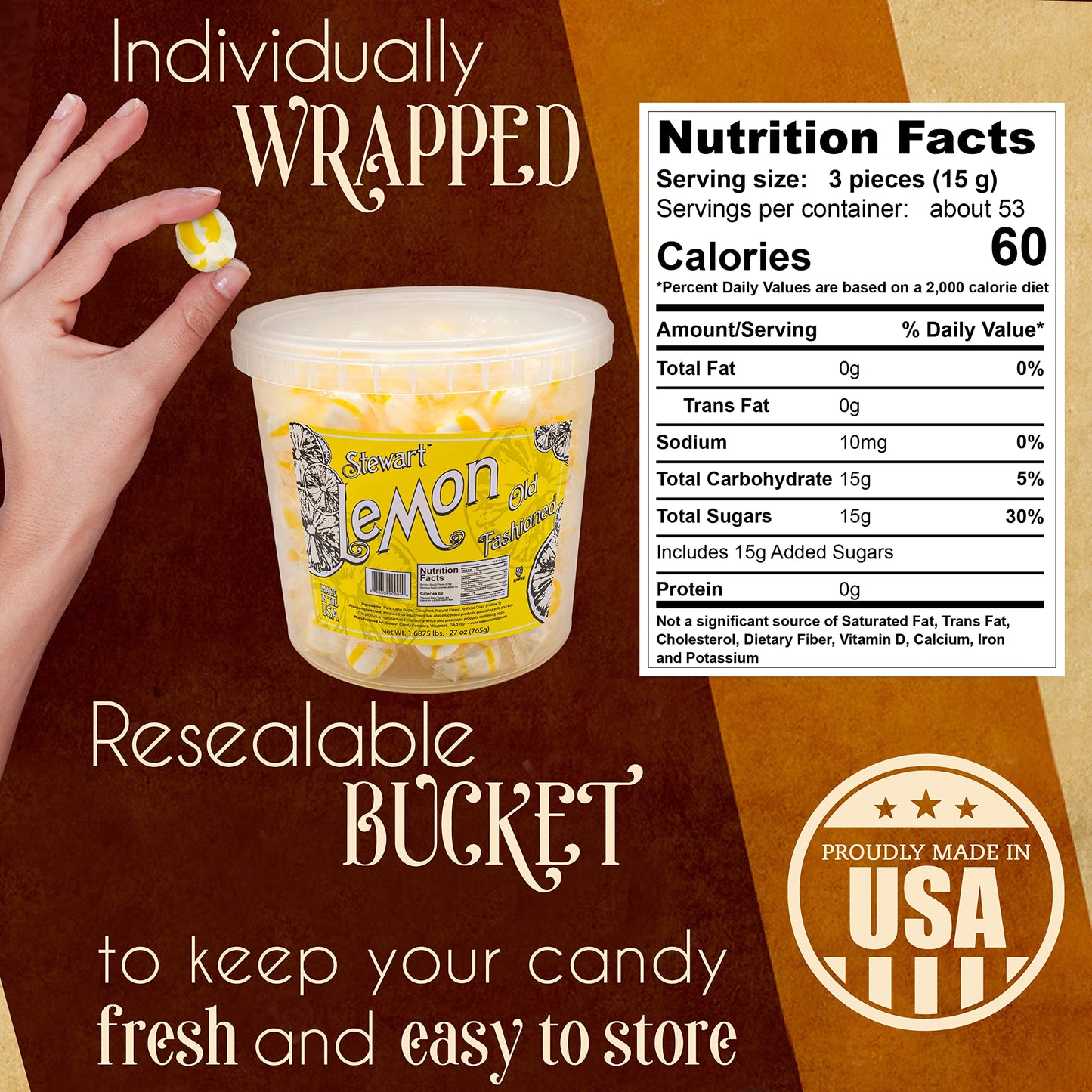 Stewart Old Fashioned Lemon Candy Puffs, Individually Wrapped, Fat-Free, 27 oz Tub, Multi Color, Model AUA10310
