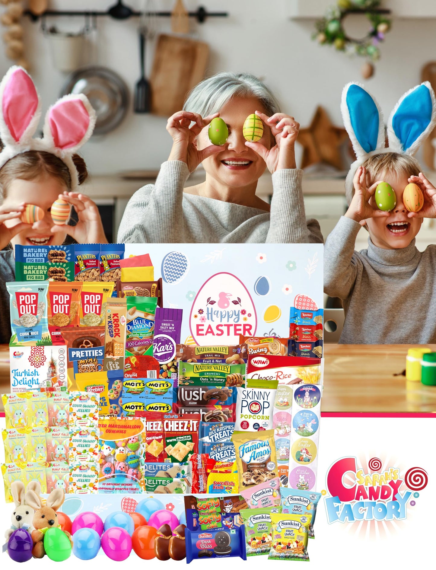 Easter Snack Box (112 Count) Filled With Candy, Snacks, Treats And Plush Easter Bunny, Great Package For Family, Friends, Kids,