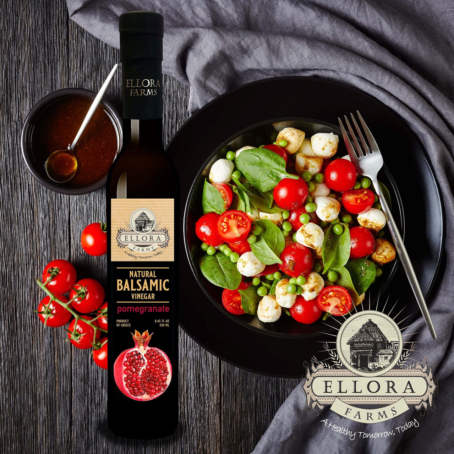 Ellora Farms Pomegranate Infused Balsamic Vinegar, No Added Sugar, 8.45 oz, Glass Bottle, Pack of 1