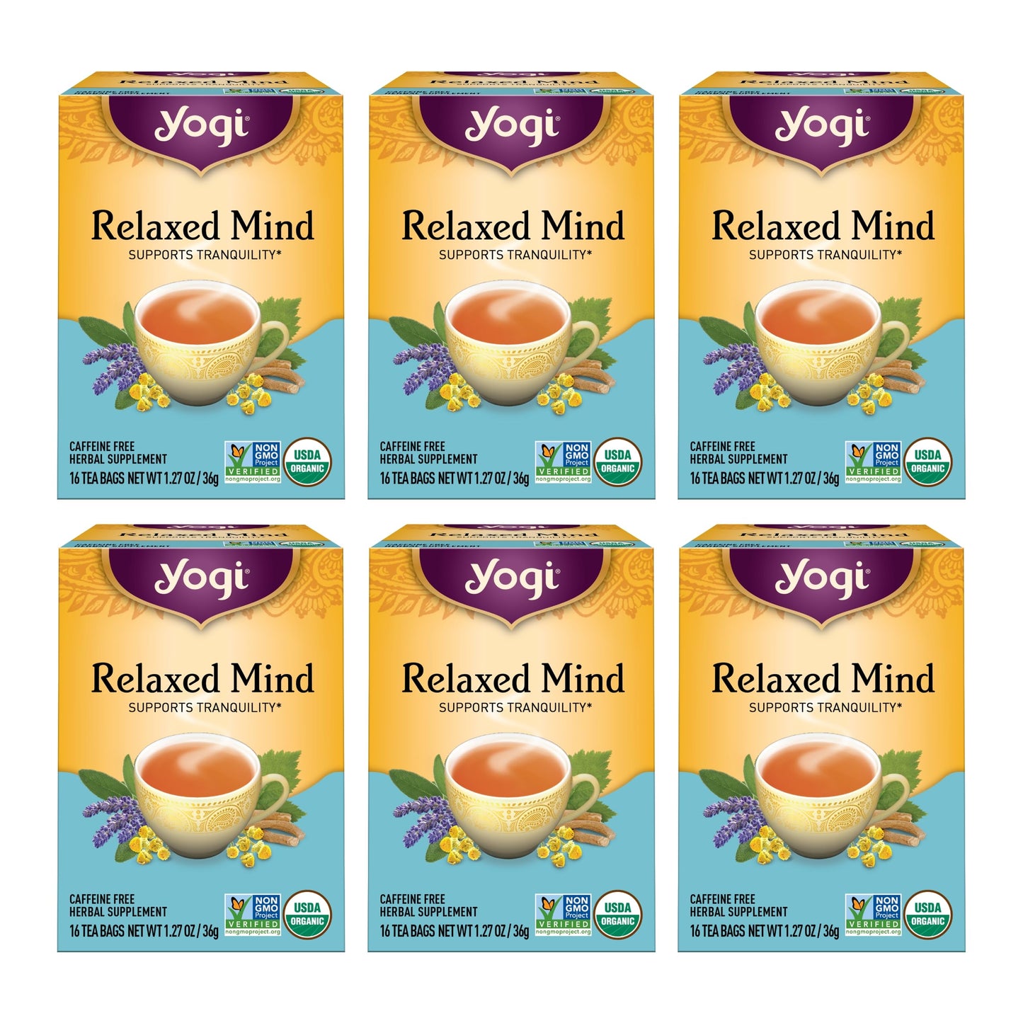 Yogi Tea Relaxed Mind Herbal Tea - Caffeine Free - 96 Organic Tea Bags - 16 Count (Pack of 6) - Yellow - Model 076950450226