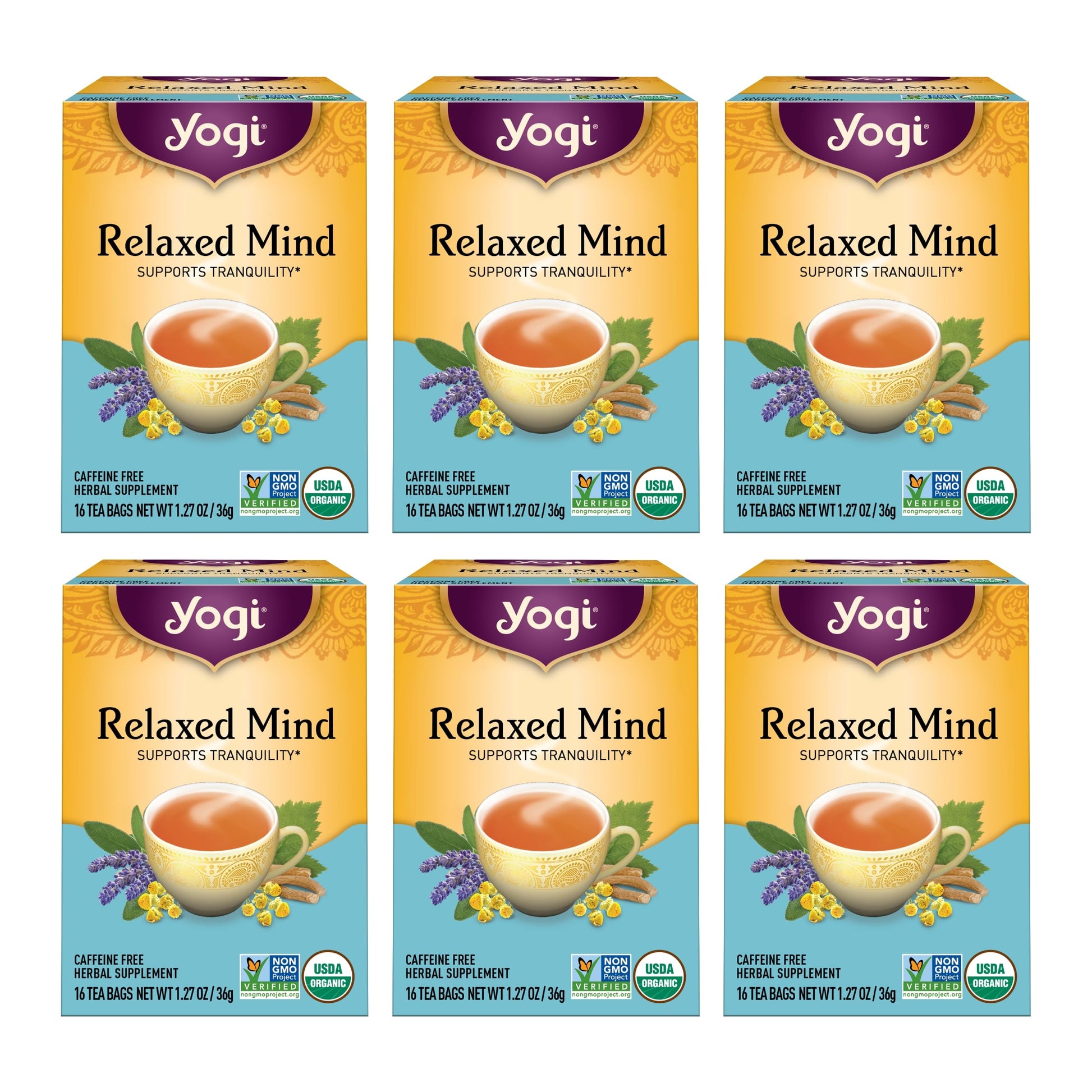 Yogi Tea Relaxed Mind Herbal Tea - Caffeine Free - 96 Organic Tea Bags - 16 Count (Pack of 6) - Yellow - Model 076950450226