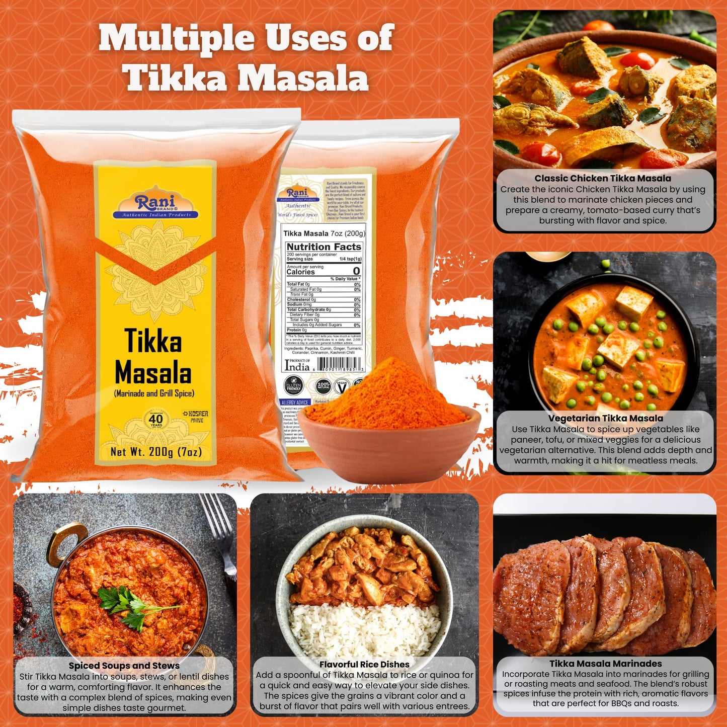 Rani Tikka Masala Indian 7-Spice Blend 7Oz (200G) ~ All Natural | Salt-Free | Vegan | No Colors | Gluten Friendly | Non-Gmo | In