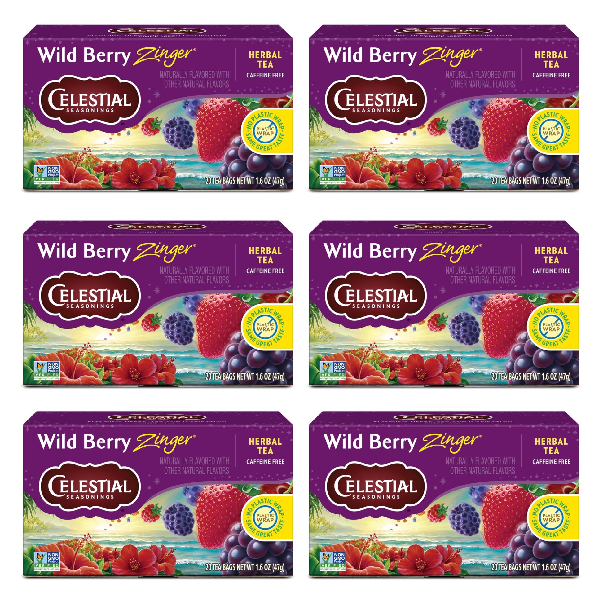 Celestial Seasonings Wild Berry Zinger Herbal Tea, Caffeine Free, 20 Tea Bags Box, (Pack of 6)