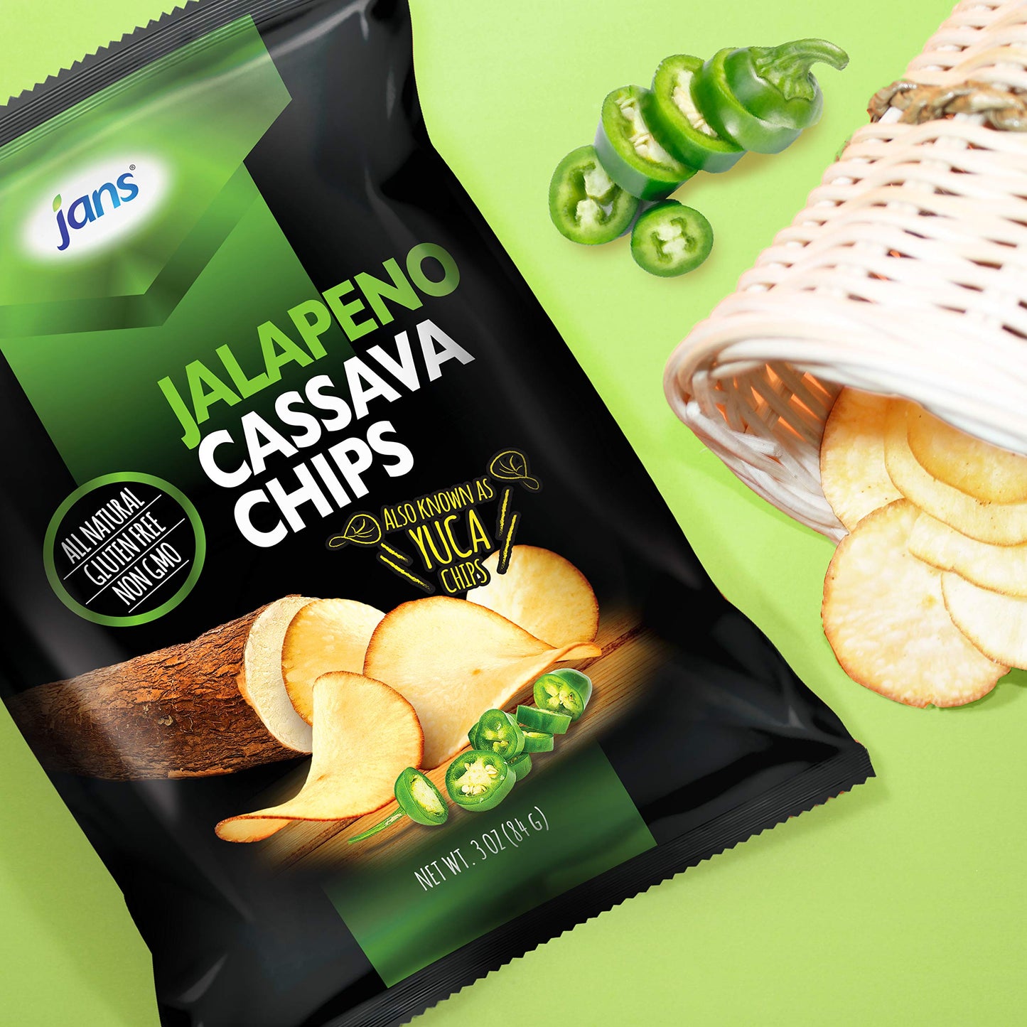 Jans Root Chips, Jalapeno Cassava Chips, 3 oz - Pack of 12, Gluten-Free, Snack Food