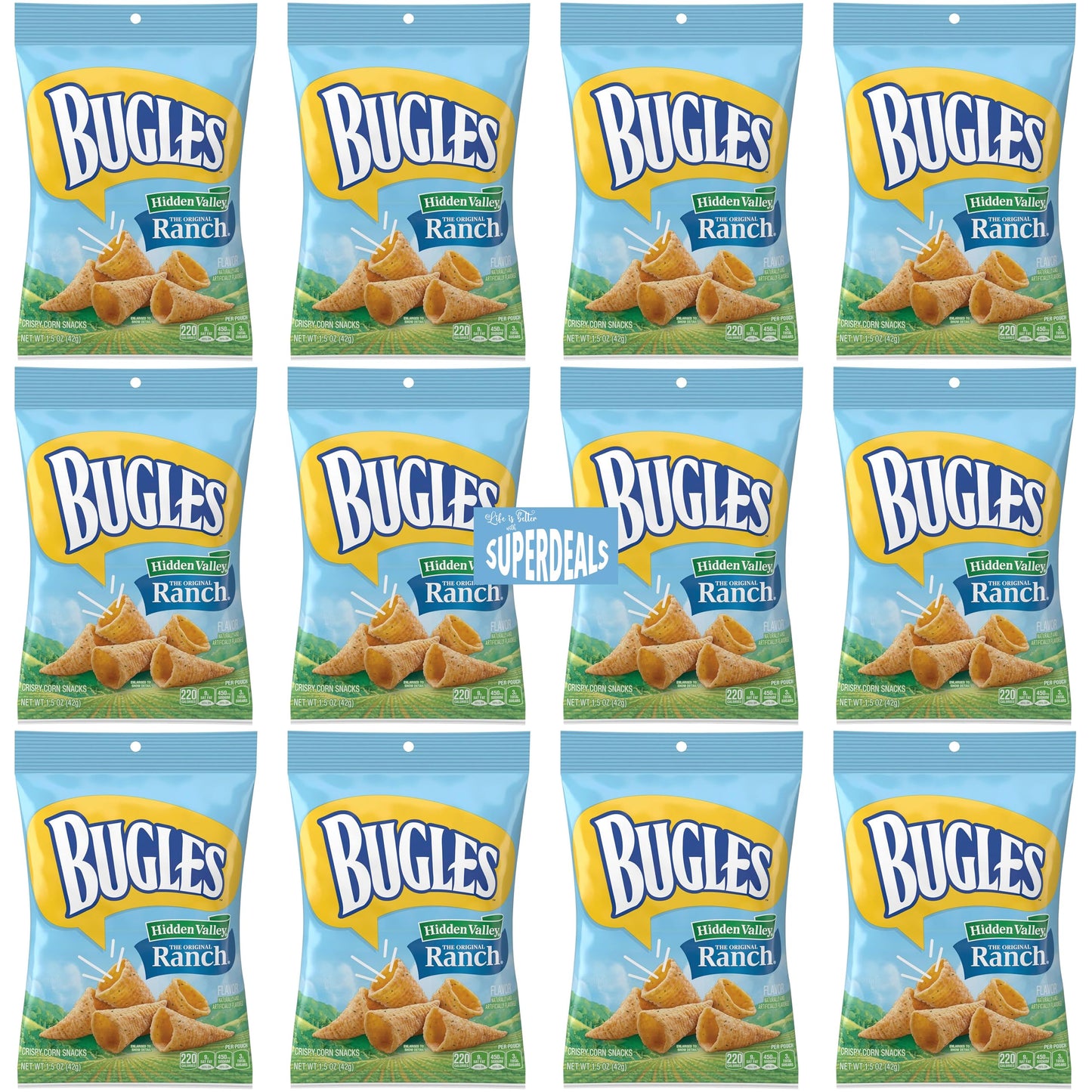 Bugles, Ranch,Crispy Corn Snack, 1.5 oz Pack of 12 bundled by SUPERDEALS with Mystery Gift