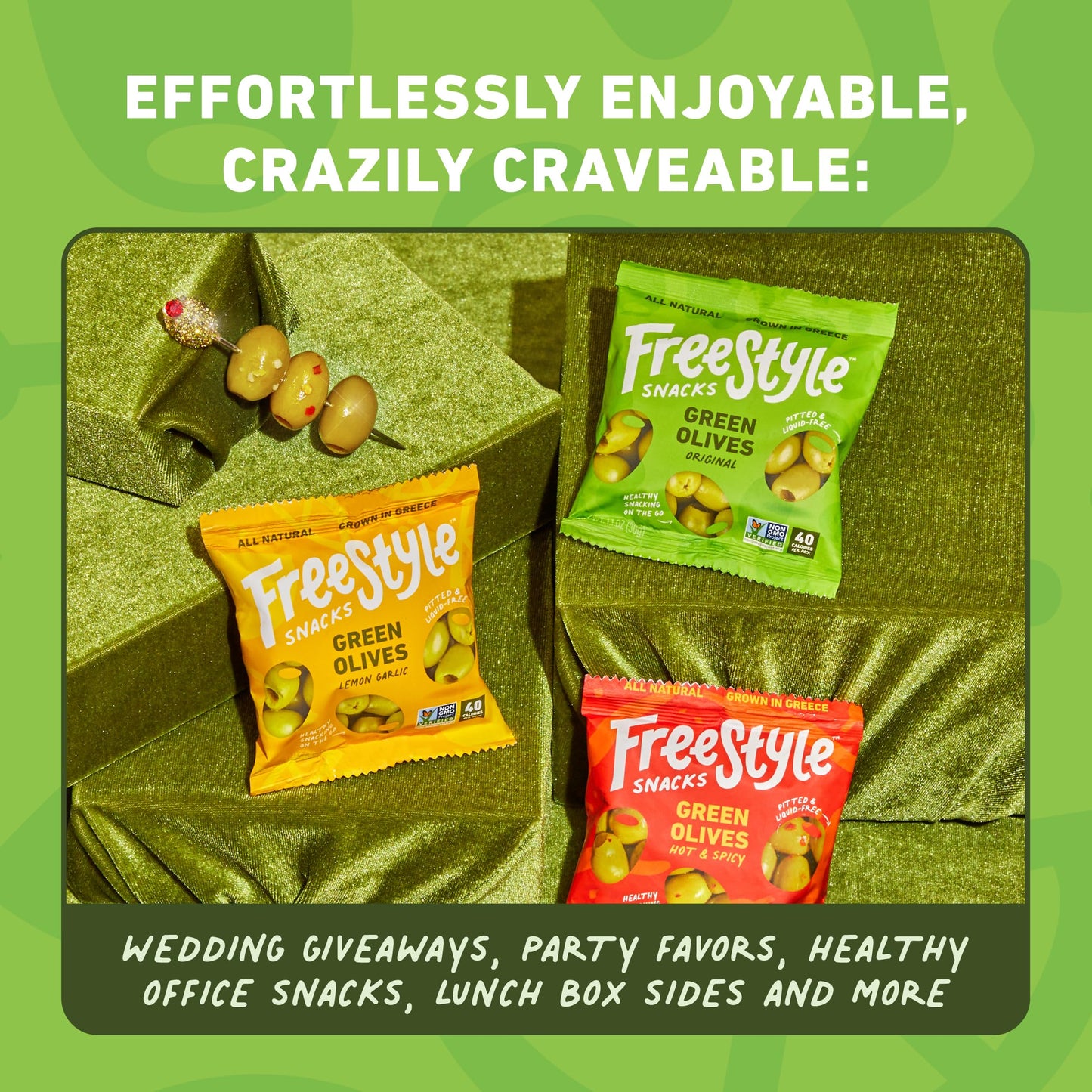 Freestyle Snacks Olive Snack Packs - Bulk Party Pack - Fresh Pitted Green Olives, Jumbo-Sized, Grown In Greece, All Natural, Non