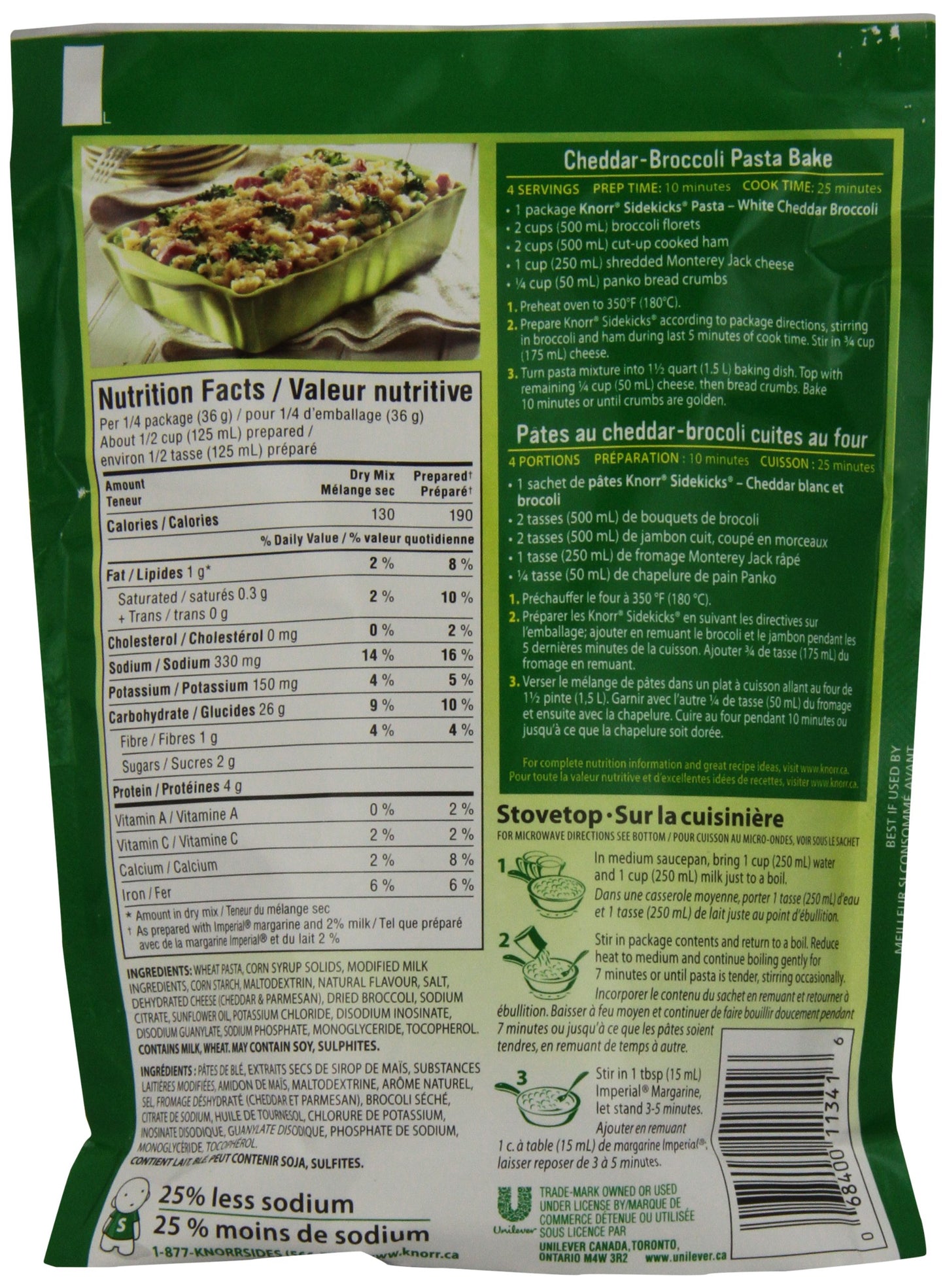 Knorr Sidekicks White Cheddar And Broccoli Pasta 143g - {Canadian}