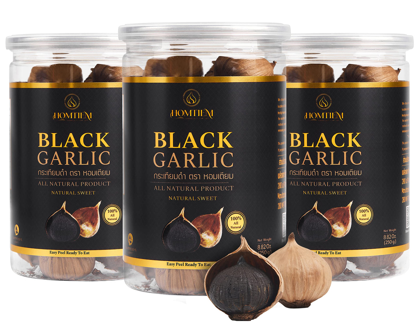 Homtiem Black Garlic 8.82 Oz (250g.)  3 Pack  Whole Black Garlic Fermented for 90 Days  Super Foods  Non-GMOs  Non-Additives  High in Antioxidants  Ready to Eat for Snack Healthy  Healthy Recipes