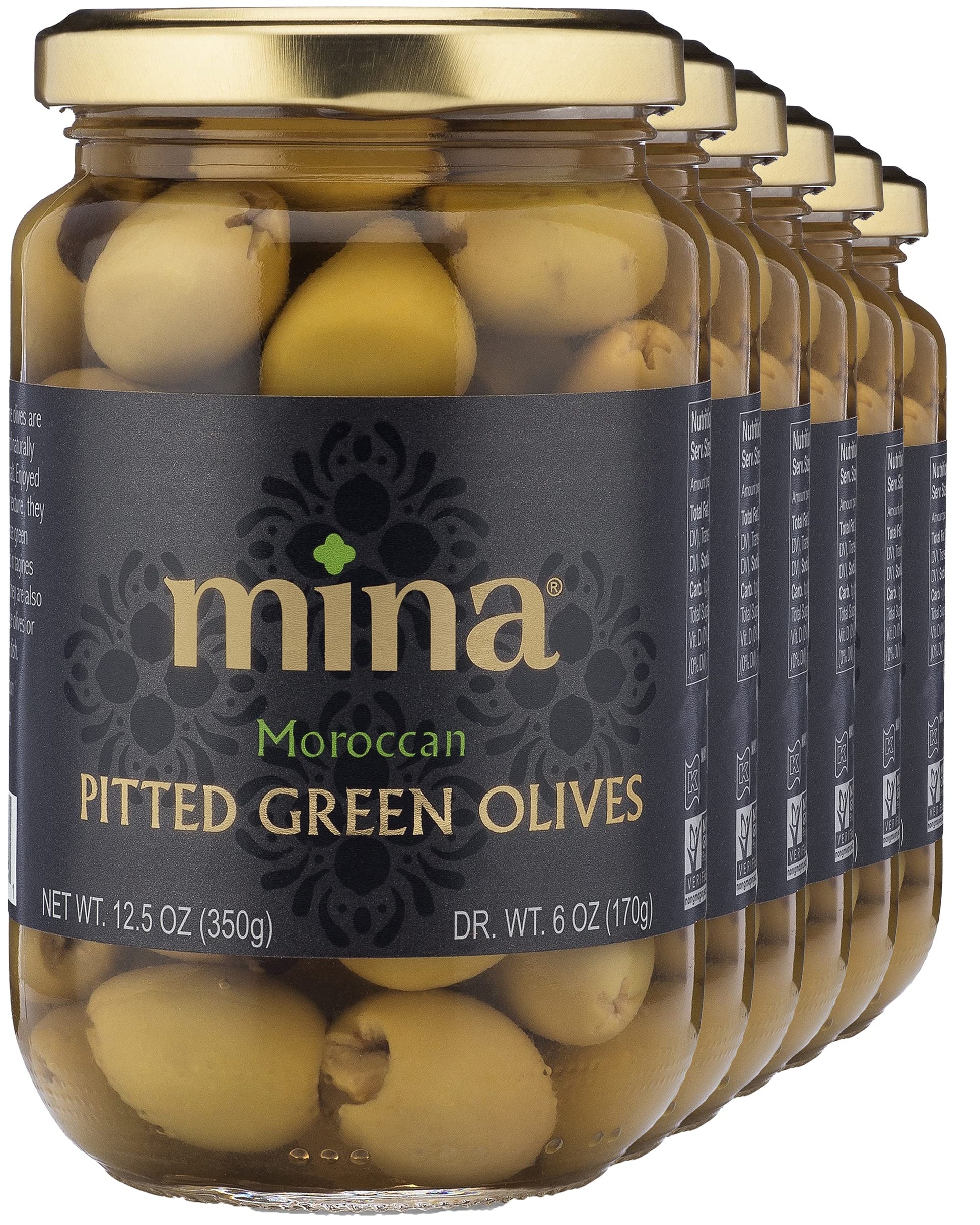 Mina Pitted Green Olives - Naturally Cured, Gluten Free, Low Carb, Vegan, Non-GMO, 12.5 oz, Pack of 6