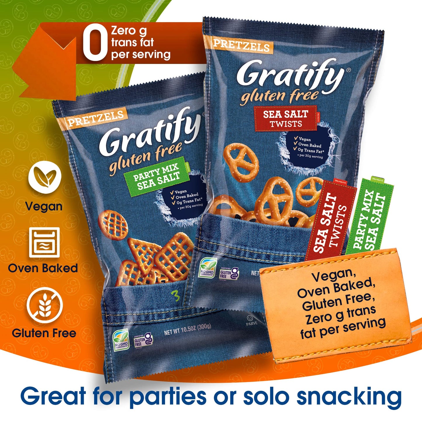 Gratify Pretzel Party Mix Sea Salt & Sea Salt Twists Bundle (2 Pack) Vegan Gluten Free Oven Baked