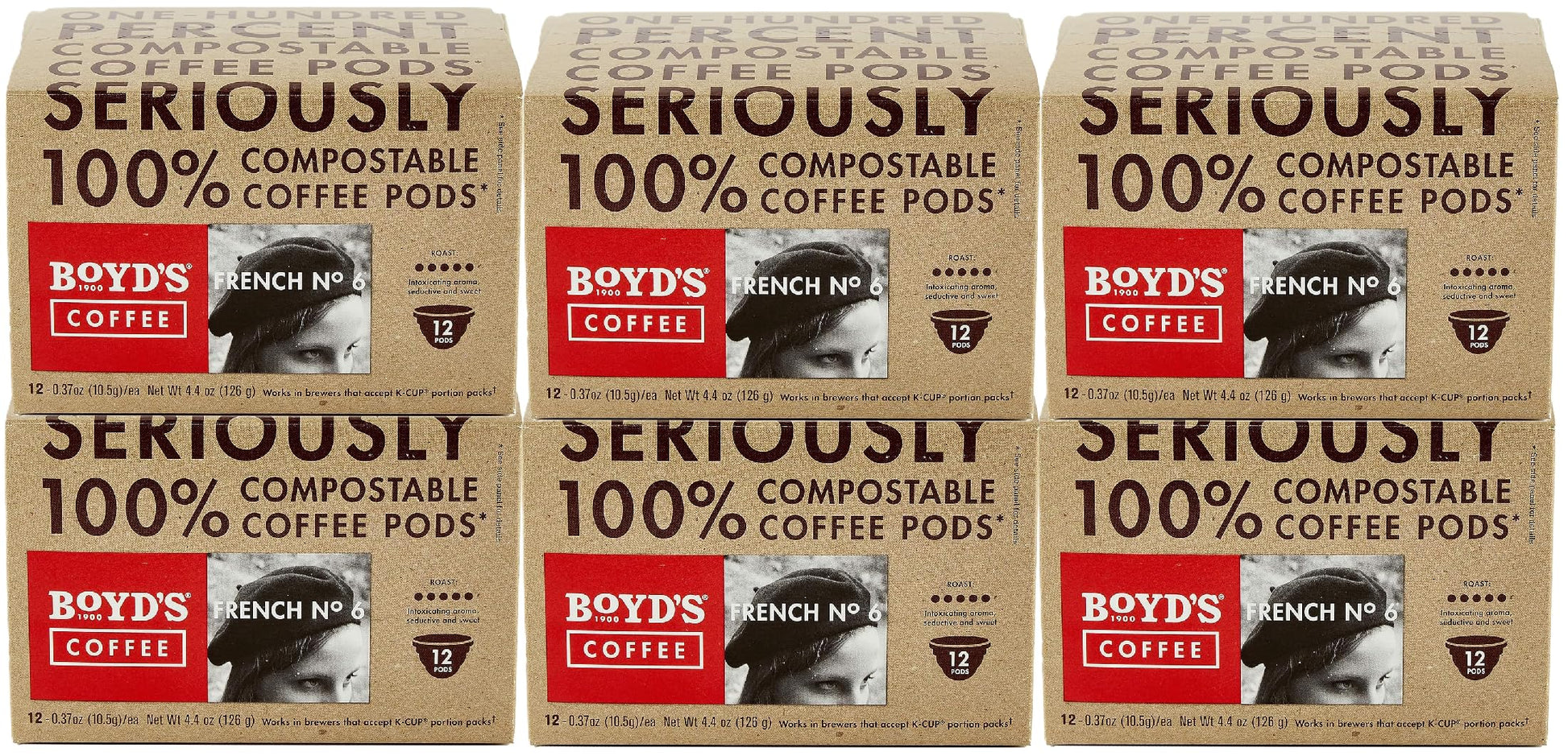Boyds Coffee French No. 6 Coffee -Ground Dark Roast- Blended from 100% Arabica - Rich & Full-Flavored - Single Cup - 12 Count (Pack of 6)